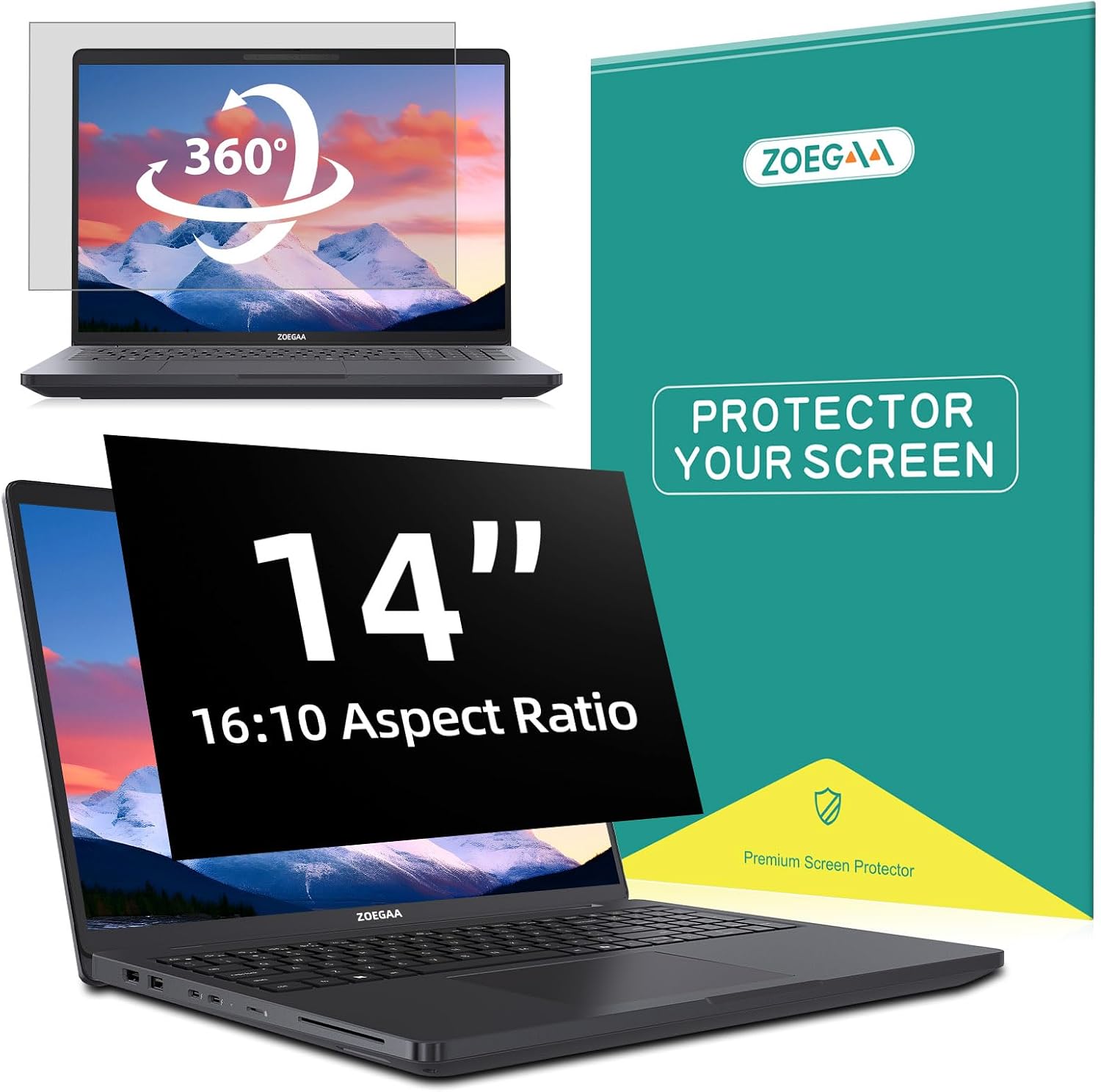 Detalle de ZOEGAA 4-way 360° Privacy Screen for 14-inch 16:10 Laptops (Removable, Anti-Glare & Blue Light)