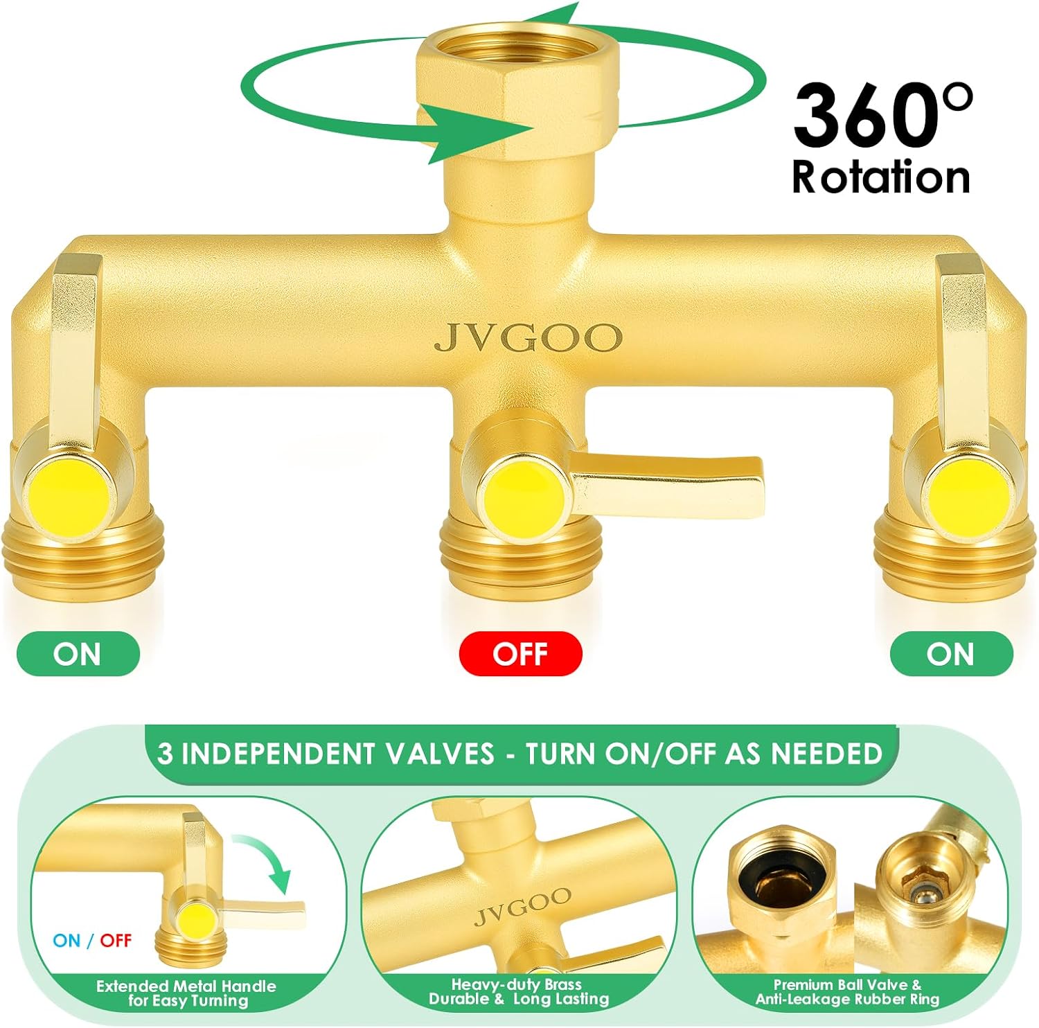 Detalle de Jvgoo 3-Way Brass Garden Hose Splitter with Independent Shutoff Valves