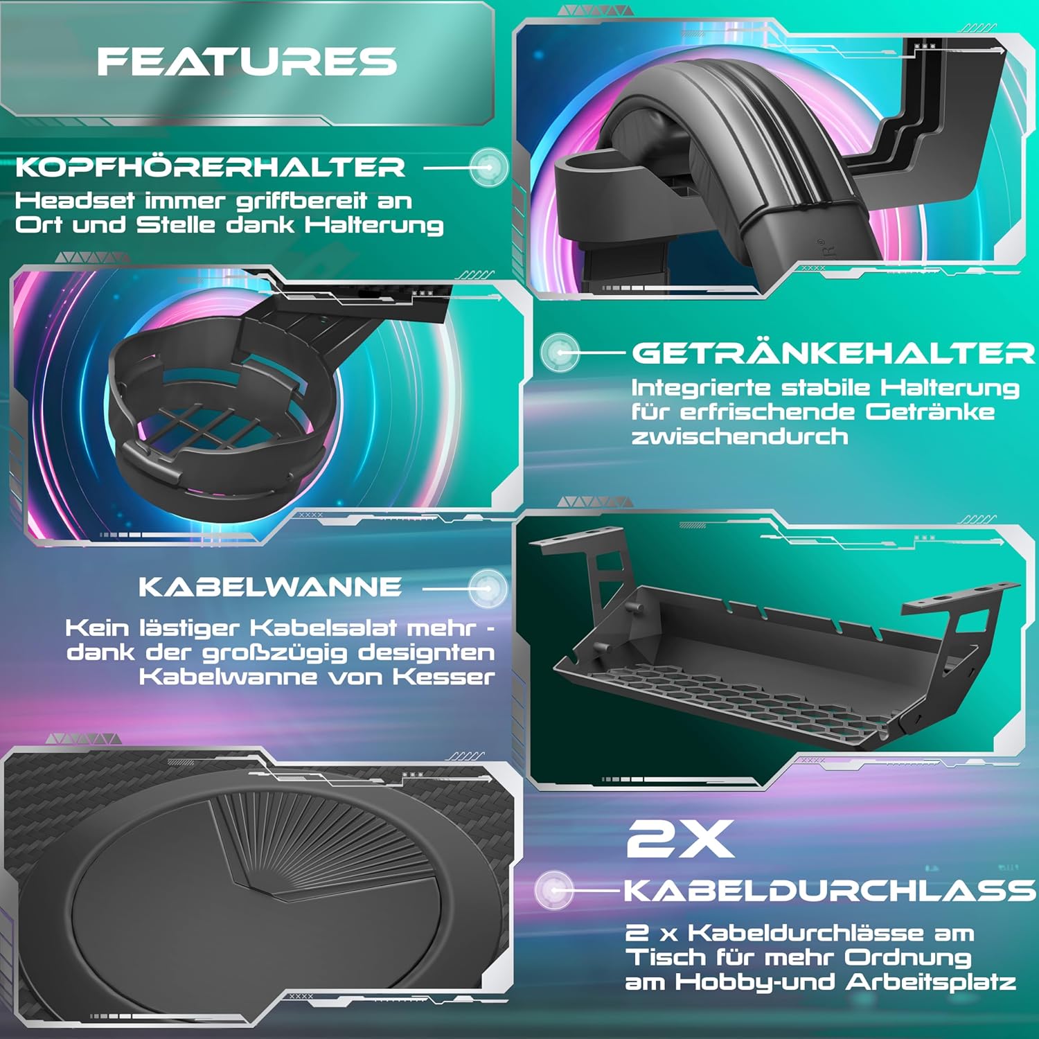 Thumbnail 4 de KESSER® Gaming Tisch 160 x 60 cm (Z-Form) mit Getränkehalter, Kopfhörerhaken & Kohlebeschichtung