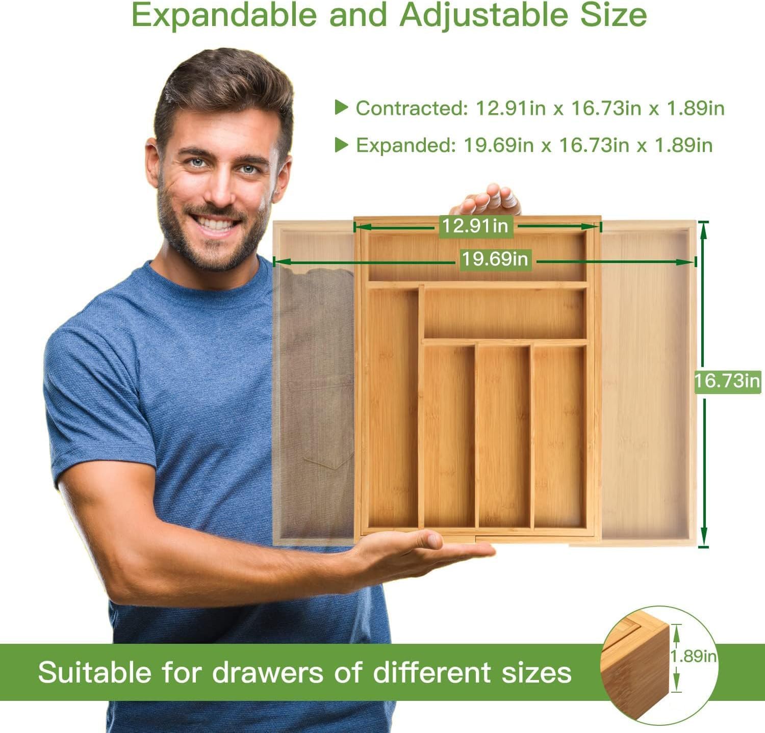 Thumbnail 2 de Pipishell Bamboo Expandable Silverware Drawer Organizer (Adjustable Utensil Tray)