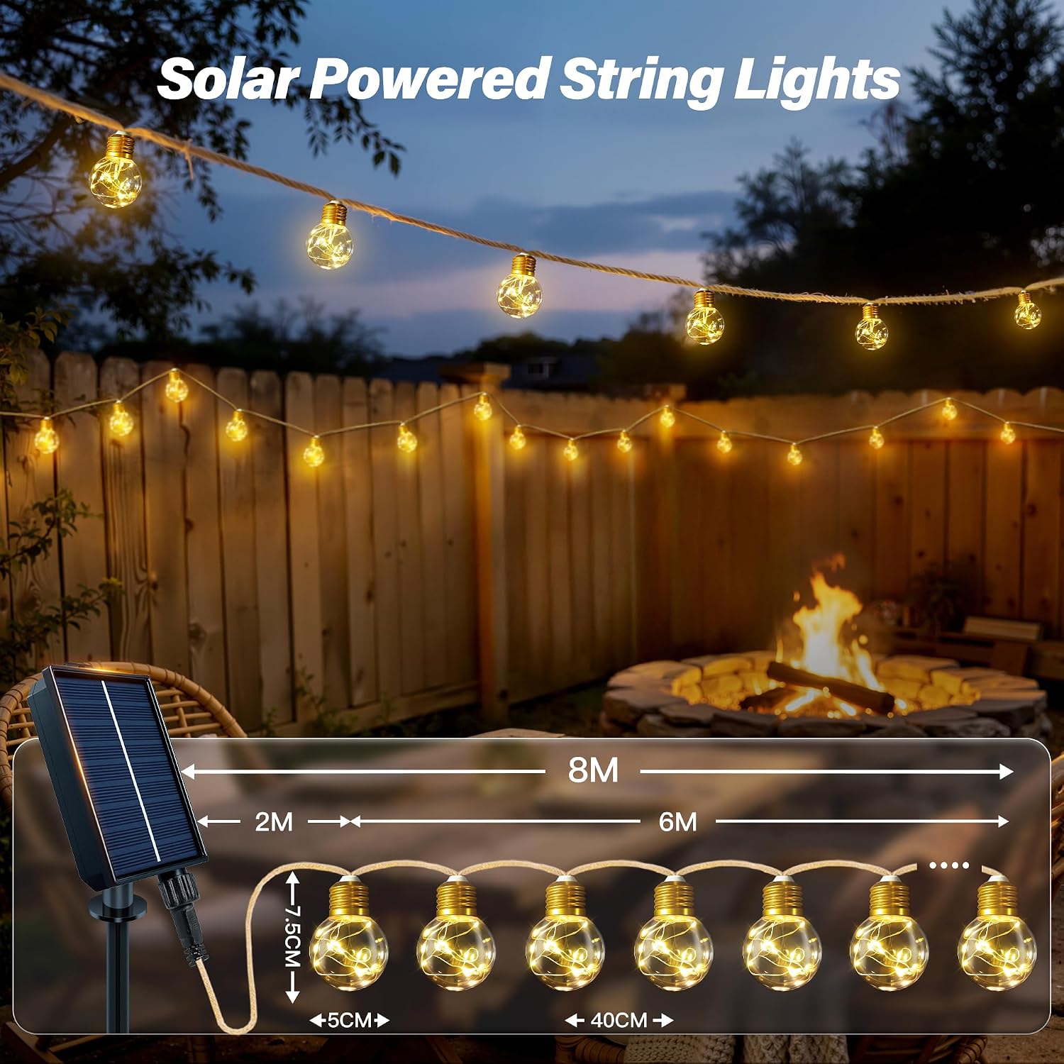 Thumbnail 1 de Ollny Solar Lights Outdoor Garden: 8m Hemp Rope Festoon with 16 G50 Bulbs