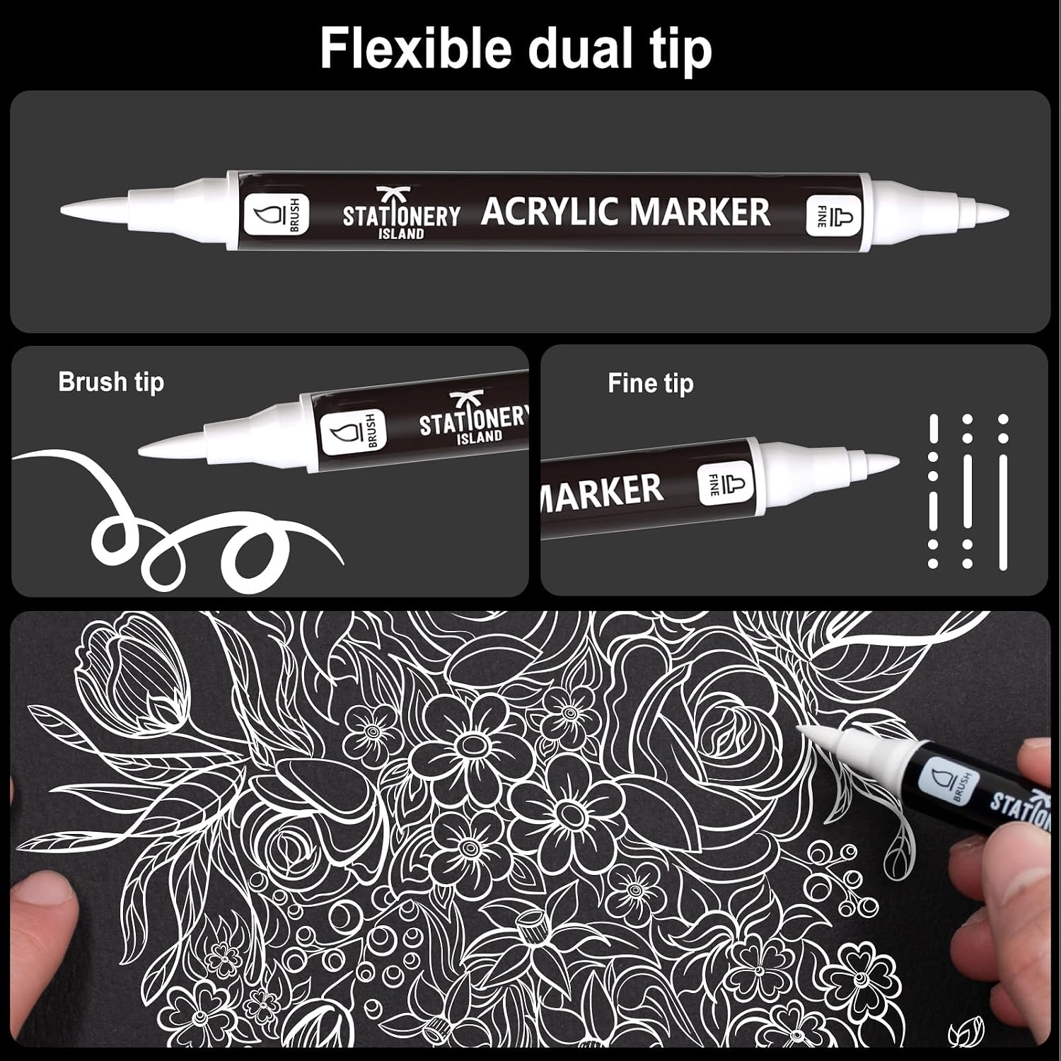 Detalle de STATIONERY ISLAND Acrylstifte Weiß – 12er Doppelseiten-Acrylmarker, wasserbasierte Tinte
