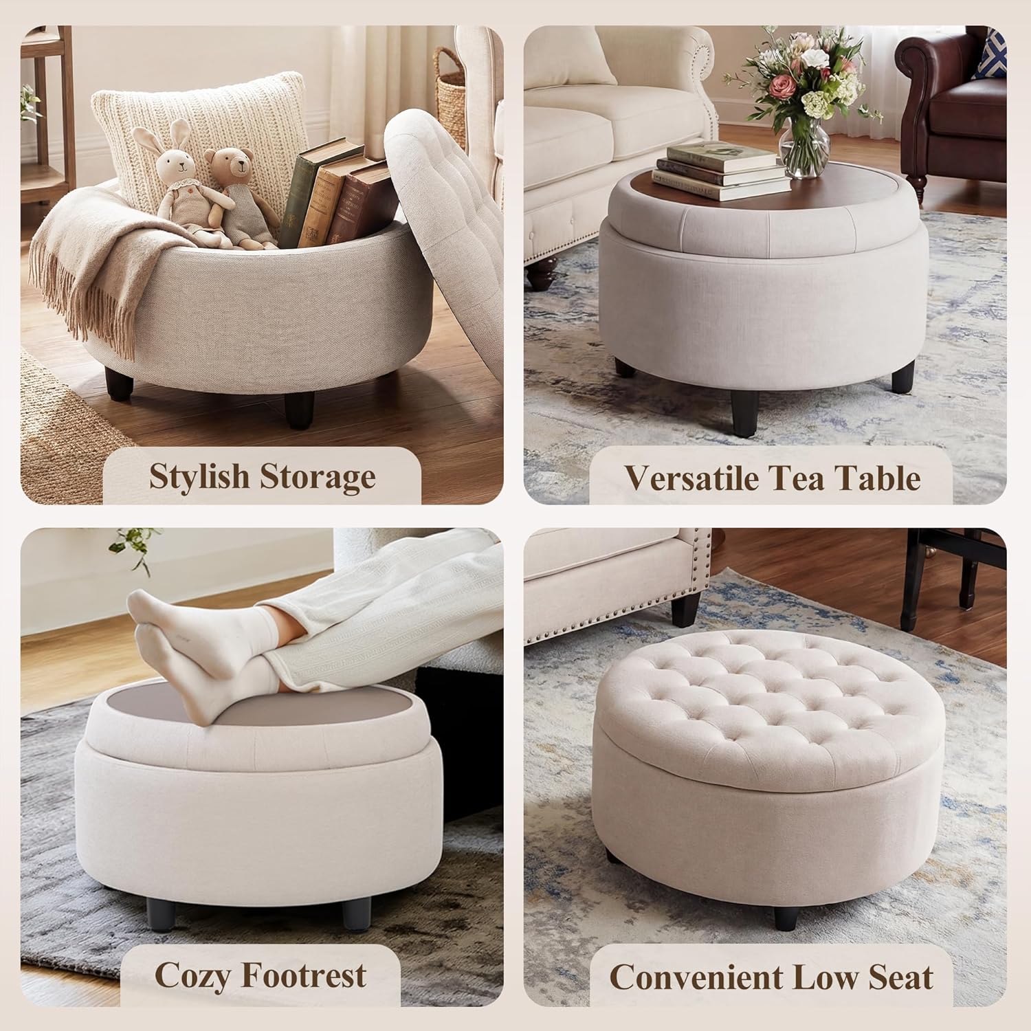 Detalle de COLAMY Round Storage Ottoman, Beige