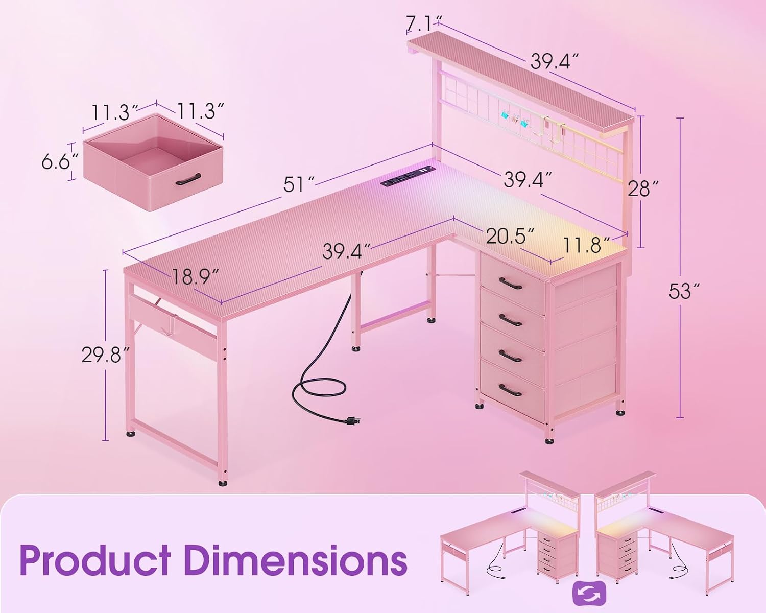 Detalle 2 de AODK 51-inch L-Shaped Gaming Desk with Reversible Hutch, 4 Drawers & LED Lights