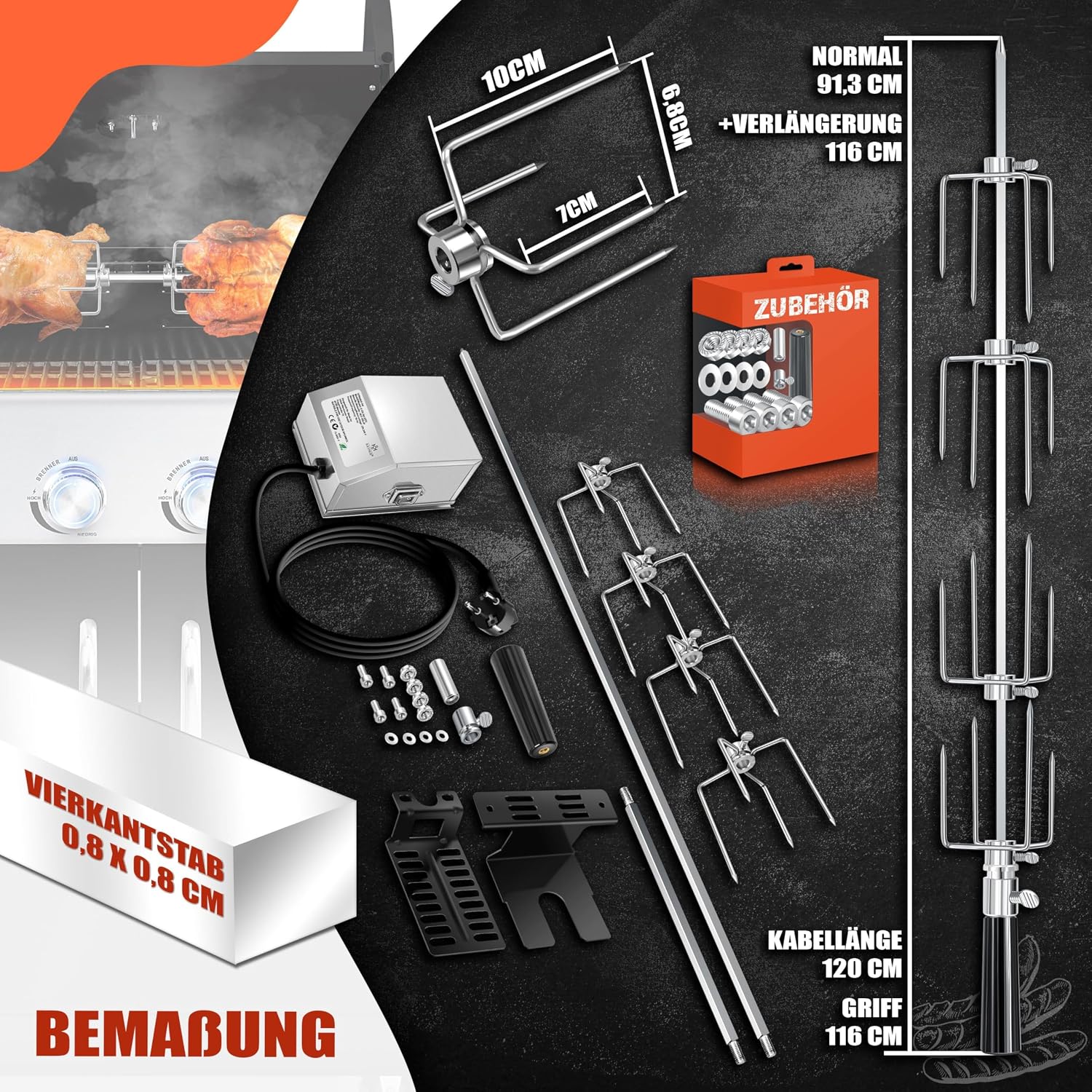 Detalle 2 de KESSER Edelstahl Grillspieß Set 107 cm – passendes Zubehör für Weber Spirit, inkl. 4 Fleischklammern, Motor 220–240V und Montagezubehör
