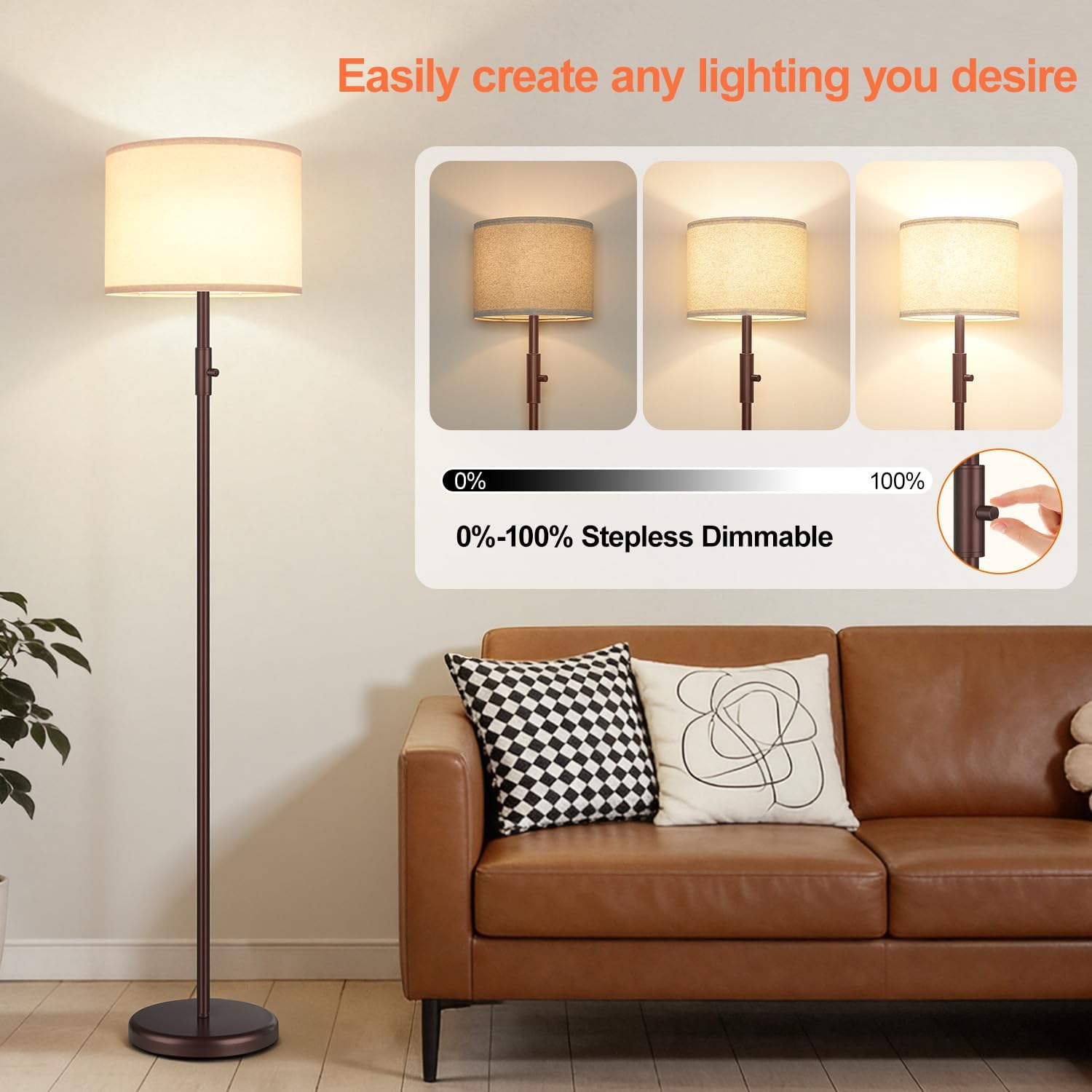 Detalle de Yemela Dimmable Floor Lamp with Linen Shade, Stepless Brightness, Brown