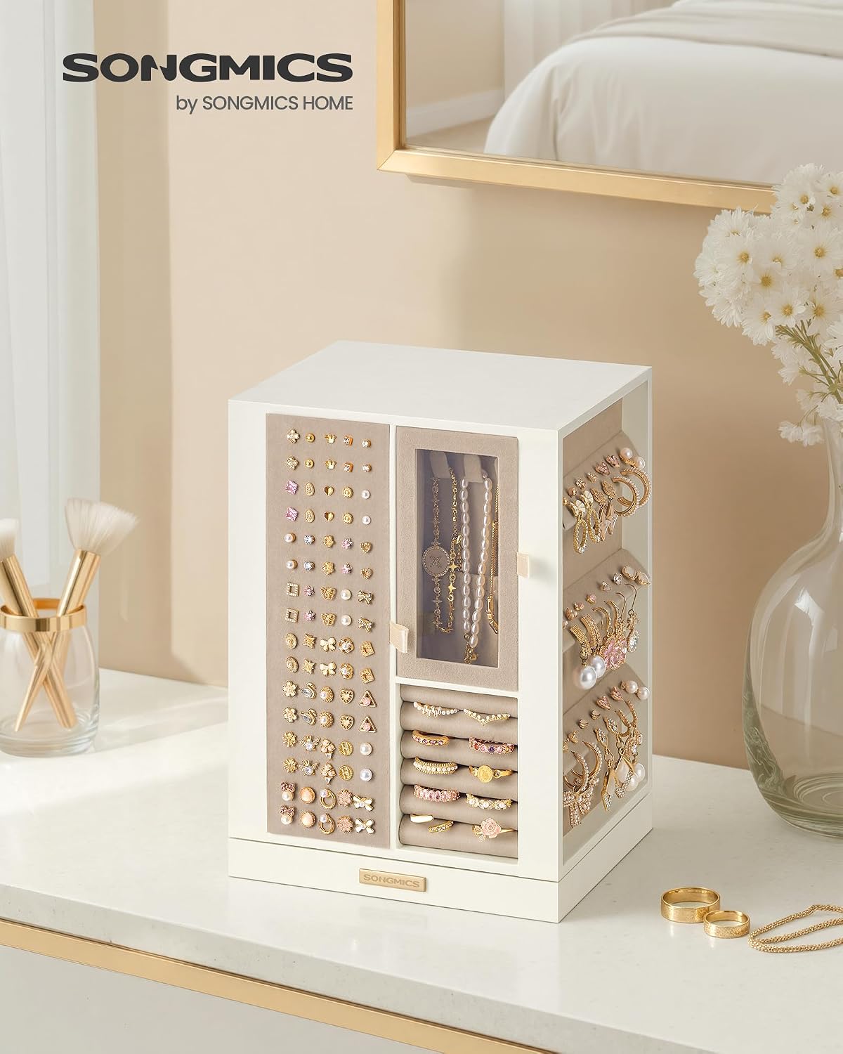 Detalle de SONGMICS Scatola Portagioie Girevole 360° JBC211WD01 — 4 Cassetti, Bianco Crema