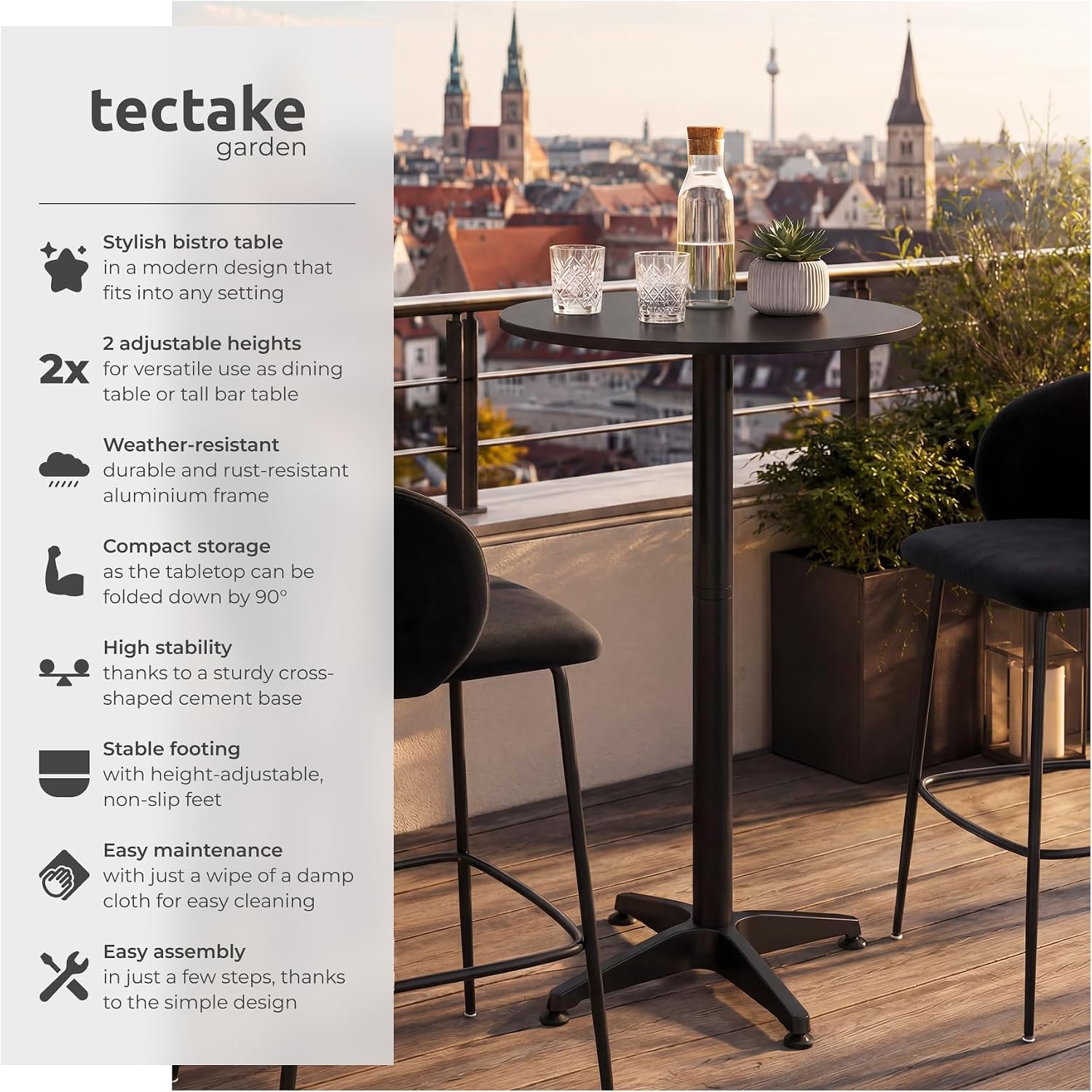 Detalle 2 de tectake 406690 bistrobord, 2-pack med två höjdlägen, hopfällbart och svart