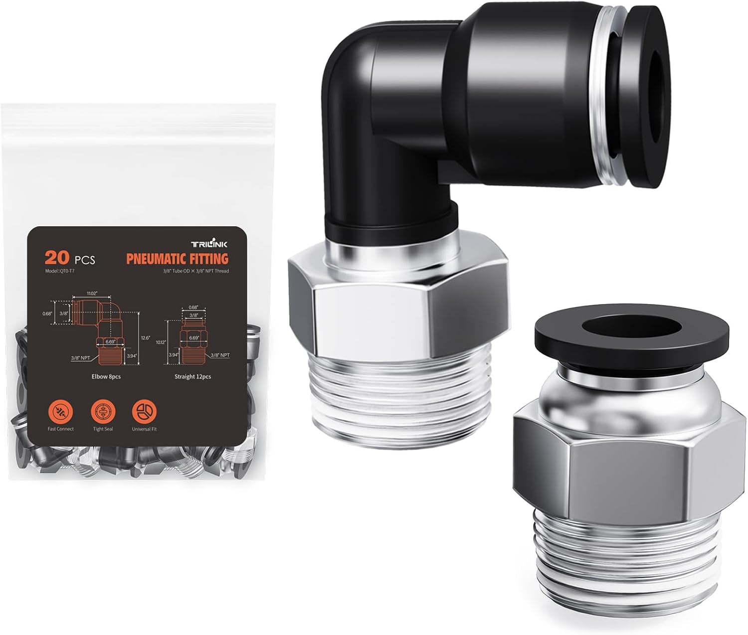 Detalle de TRILINK QT0 Push-to-Connect Fittings, 3/8" OD x 3/8" NPT, 20-Piece Kit
