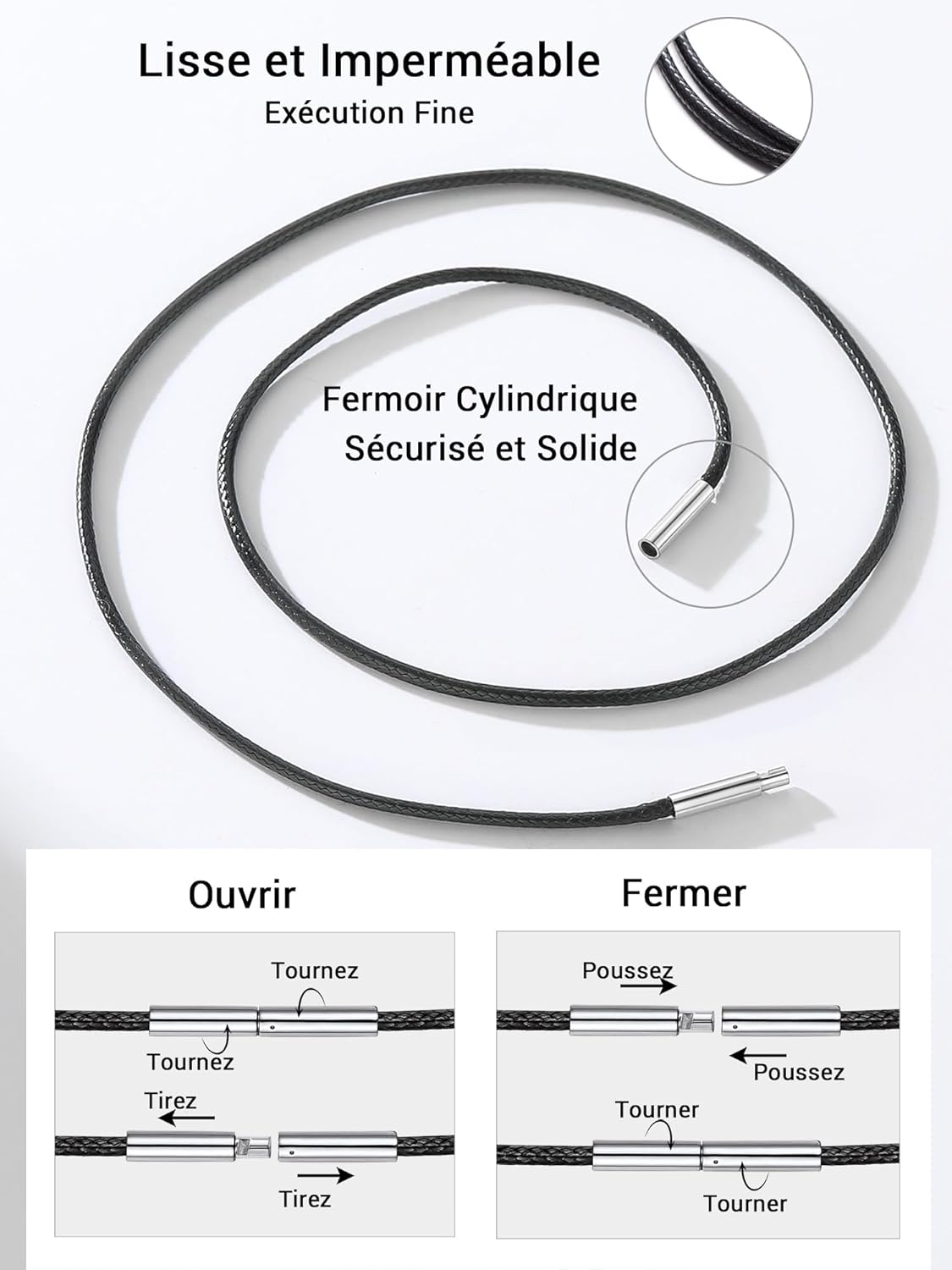 Thumbnail 2 de PROSTEEL Chaîne Collier Homme Cuir Noir – Cordon simili-cuir 2 mm, longueur 41–76 cm, fermoir acier inoxydable