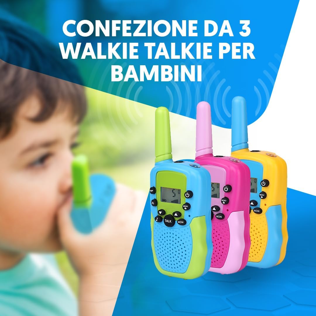 Thumbnail 1 de NK Set di 3 Walkie-Talkie per Bambini (4-9 anni) con Display LED e Torcia, 22 Canali, 3 km, Batterie Incluse