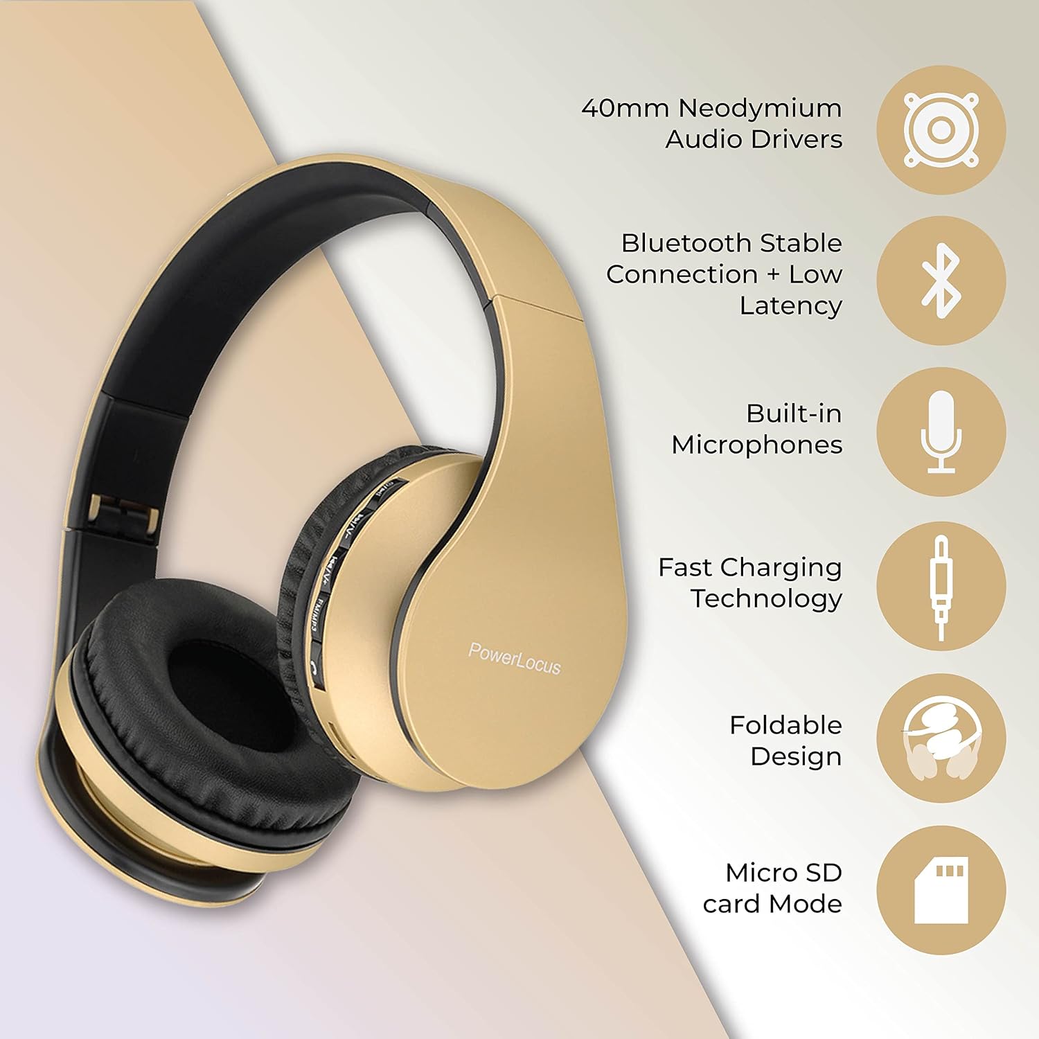 Detalle de PowerLocus Bluetooth Headphones Over Ear with Foldable Design and Multi-Mode Playback