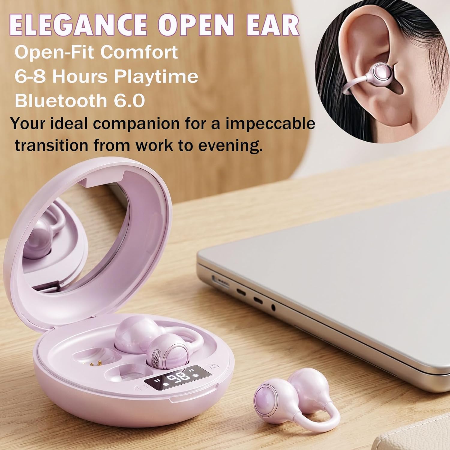 Detalle de Clip-On Open-Ear Wireless Earbuds, Light Purple