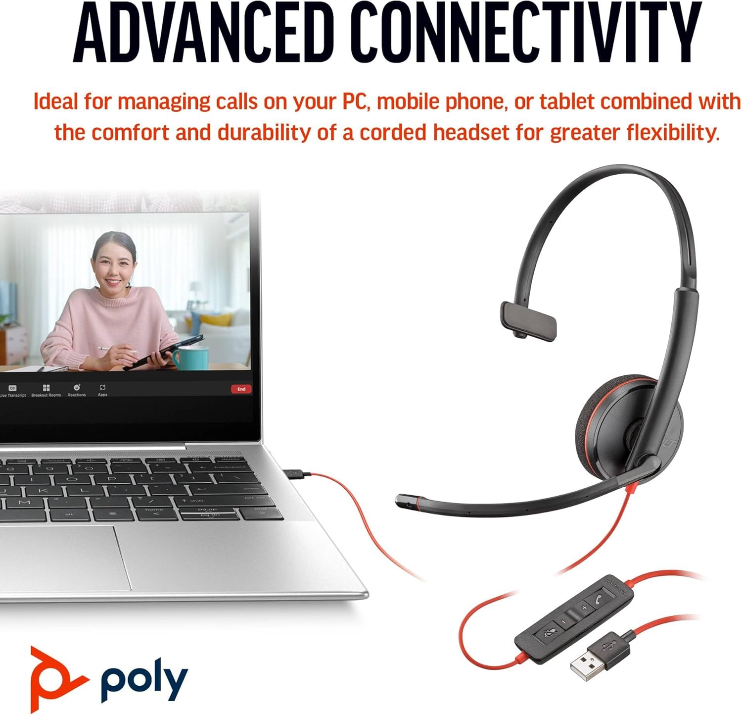 Thumbnail 5 de Poly Blackwire 3210 cuffie monoaurali cablate con USB-A/USB-C, riduzione rumore ed eco e comandi sul cavo (nero)