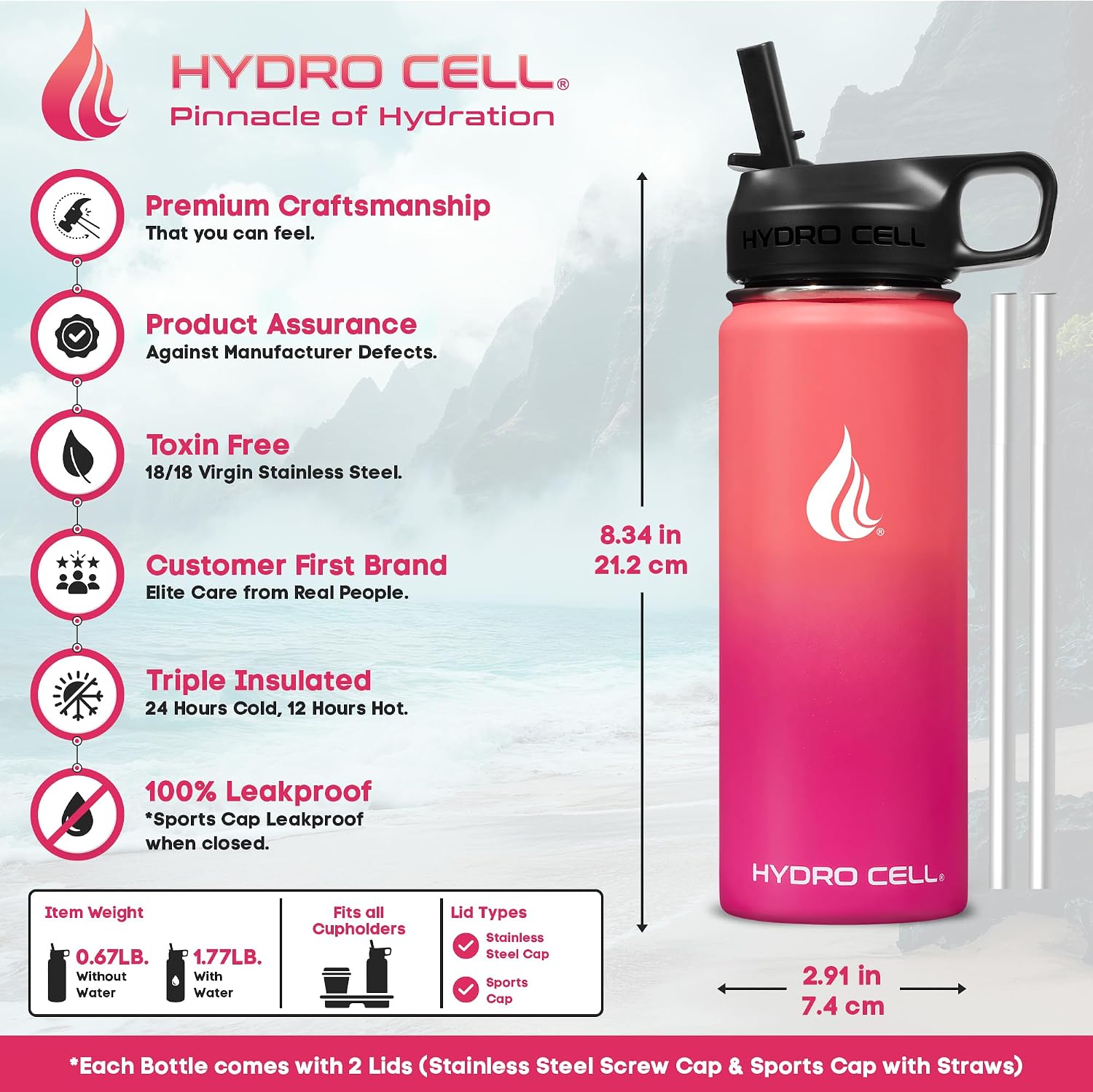 Detalle de HYDRO CELL Stainless Steel Insulated Water Bottle (18oz, Coral/Punch) with Straw