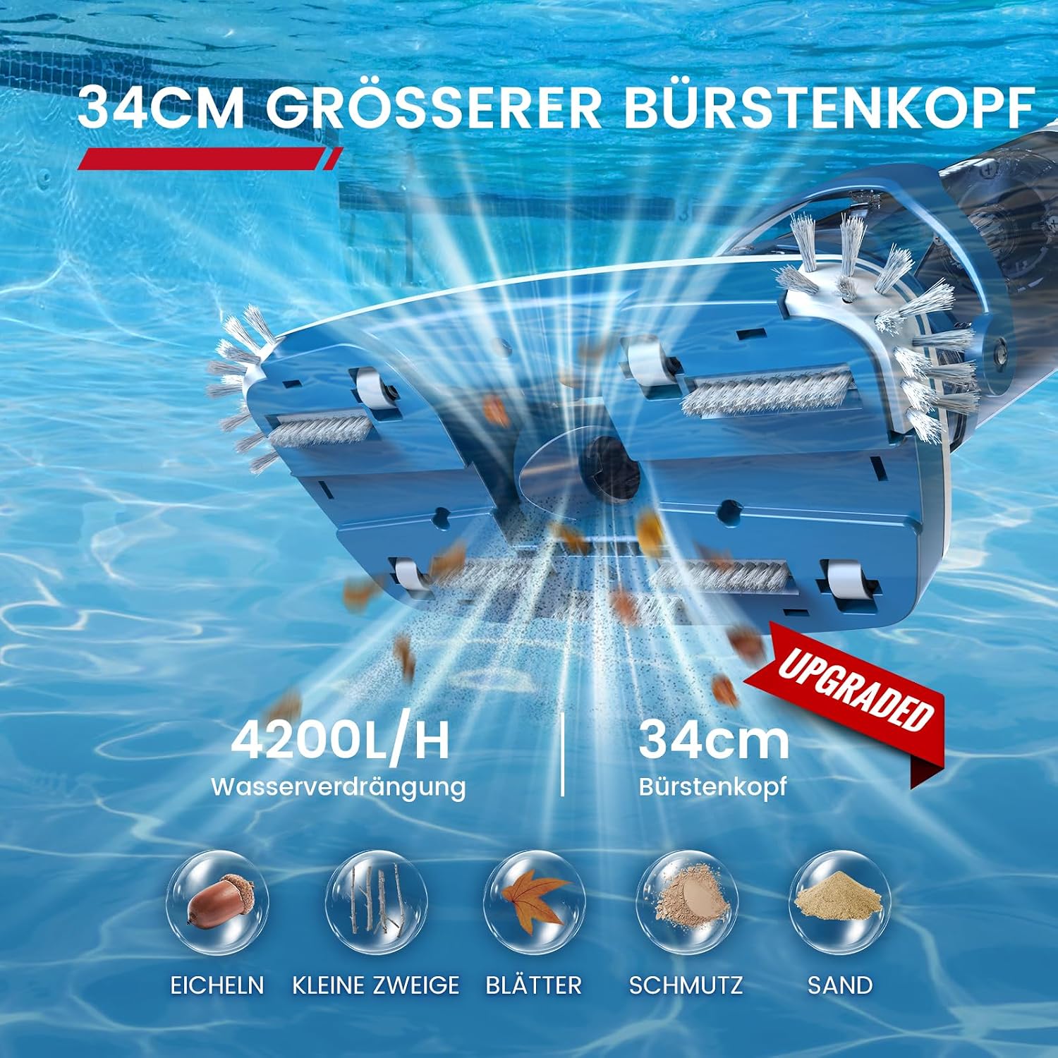 Detalle de ENHULK Poolsauger Akku PC18 – leistungsstarker Akku-Poolreiniger mit 34 cm Kopf