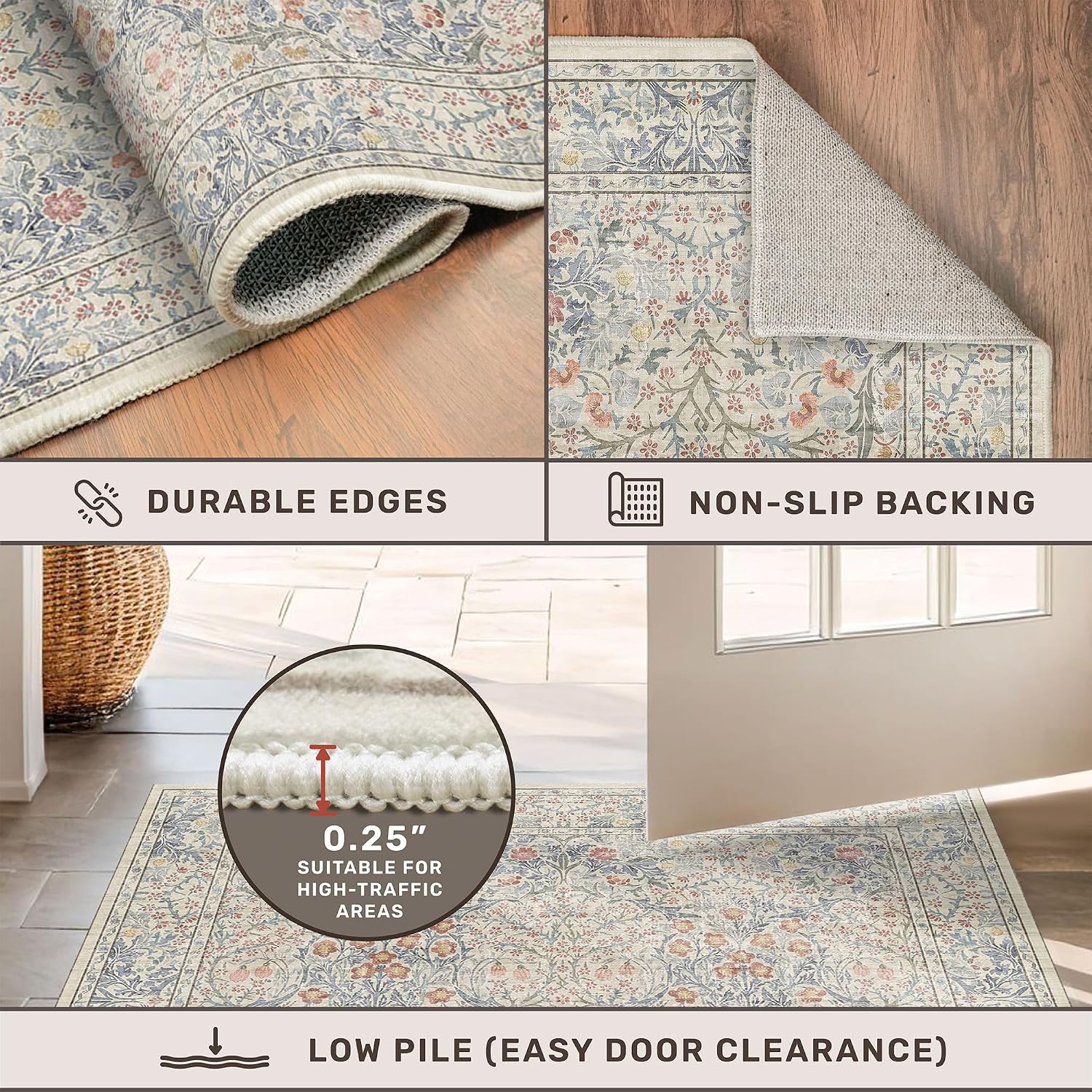 Detalle 1 de Hazo Haus 5' x 7' Floral Area Rug, Washable Low-Pile Polyester with Non-Slip Backing
