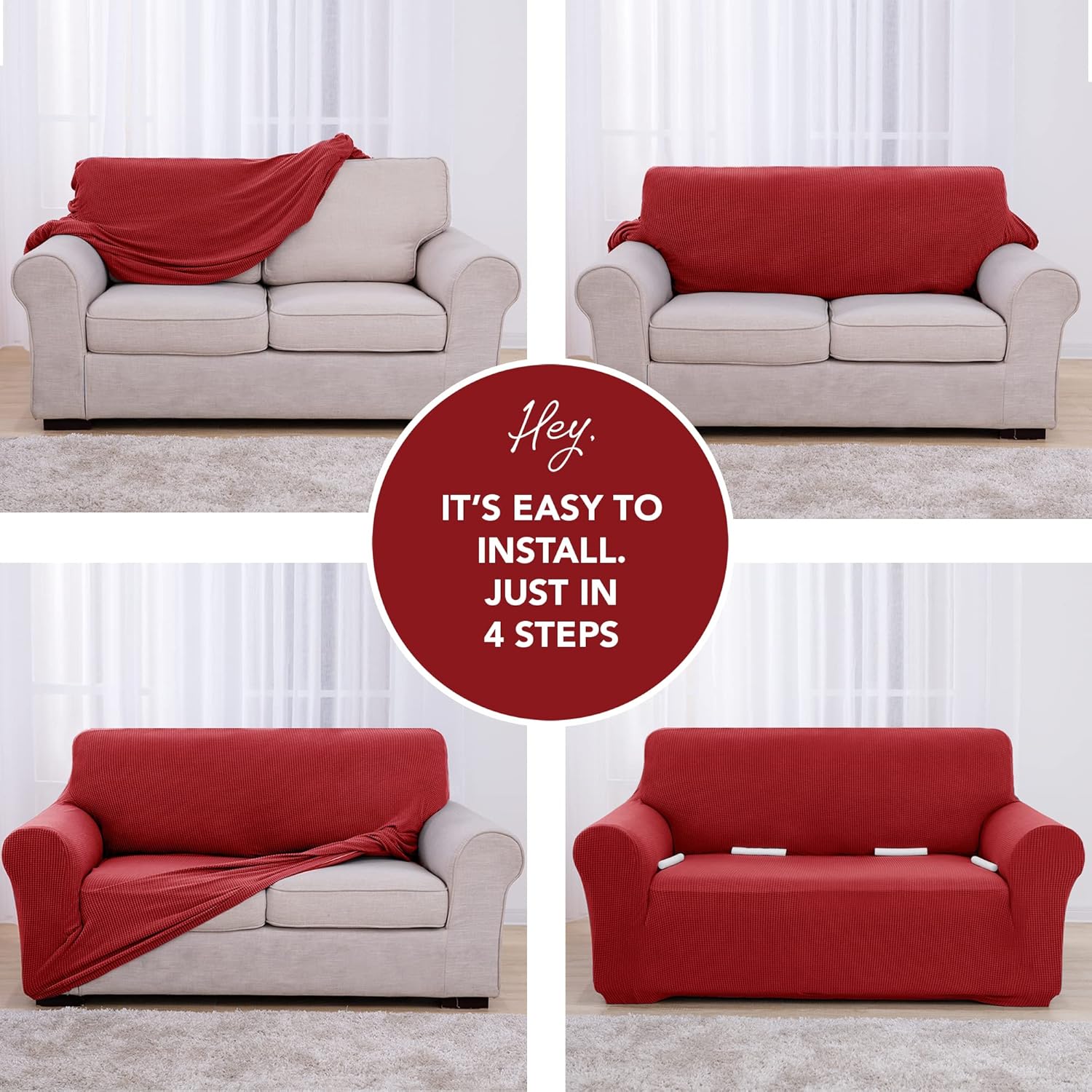 Thumbnail 3 de Housse de canapé extensible Deconovo (1 pièce) jacquard pour canapé 3 places à accoudoirs, rouge