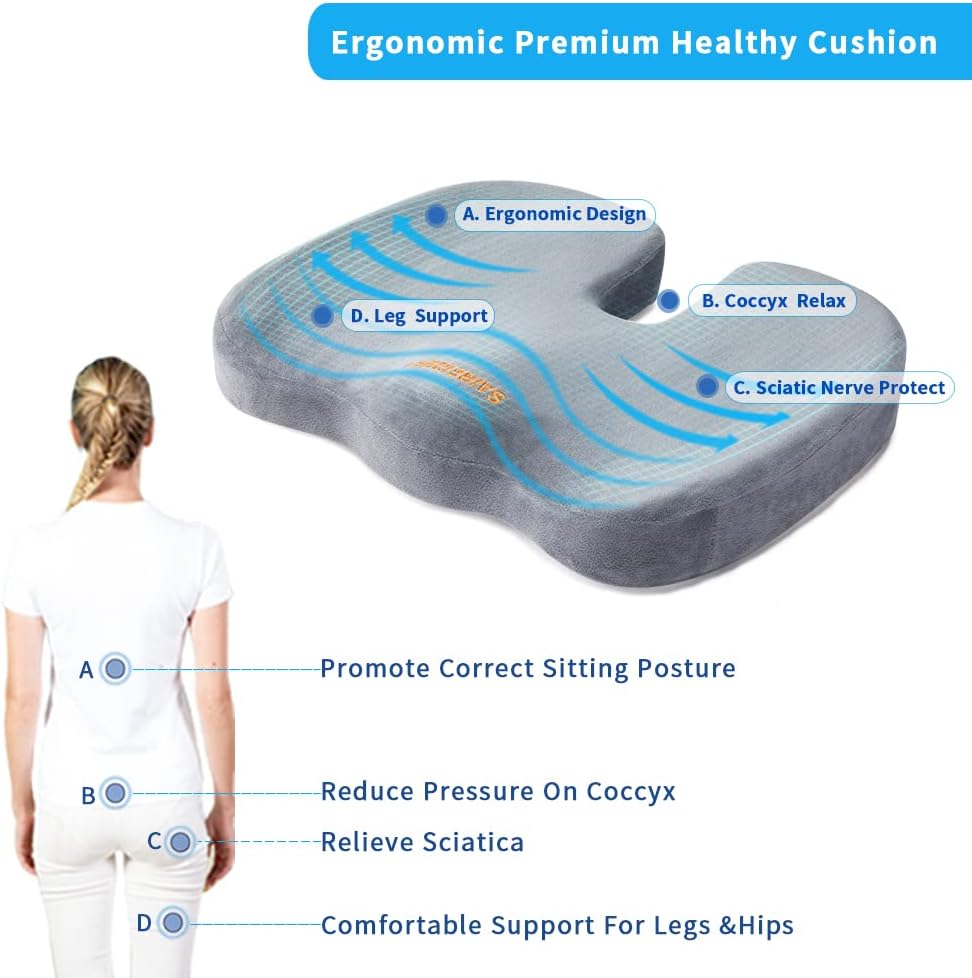 Detalle de SAIREIDER SC-G0402 Memory Foam Seat Cushion with U-Shaped Coccyx Cutout