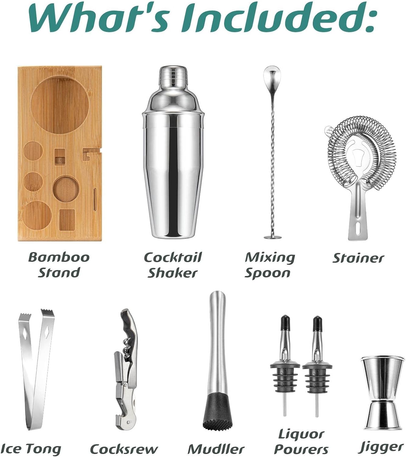 Thumbnail 1 de Cocktail Shaker Set (18/8 Food-Grade Stainless Steel) 10-Piece Martini Shaker Kit with Bamboo Stand