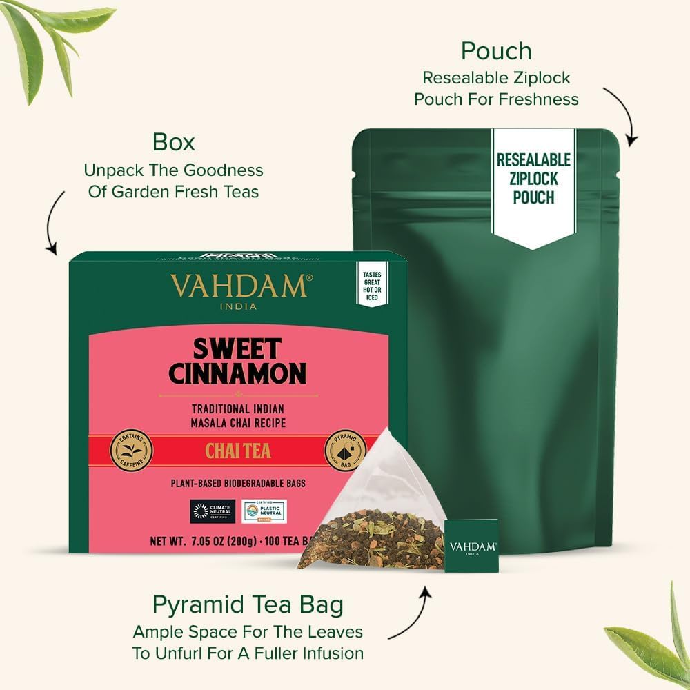 Detalle de VAHDAM Süßer Zimt Masala Chai Tee – 100 Pyramid Teebeutel, Assam Schwarztee mit Zimt & Kardamom