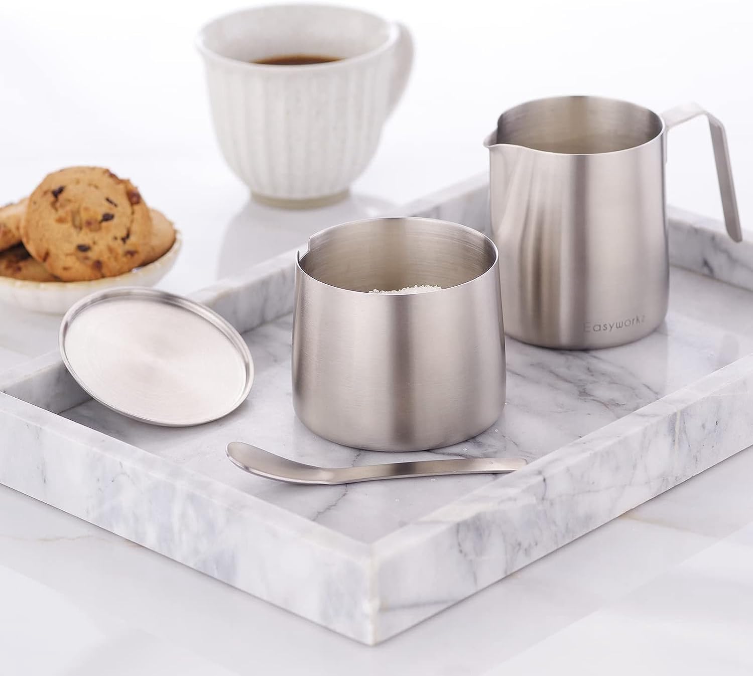 Thumbnail 6 de Easyworkz stainless steel sugar bowl and creamer set (304 steel) with spoon and anti-drip spout