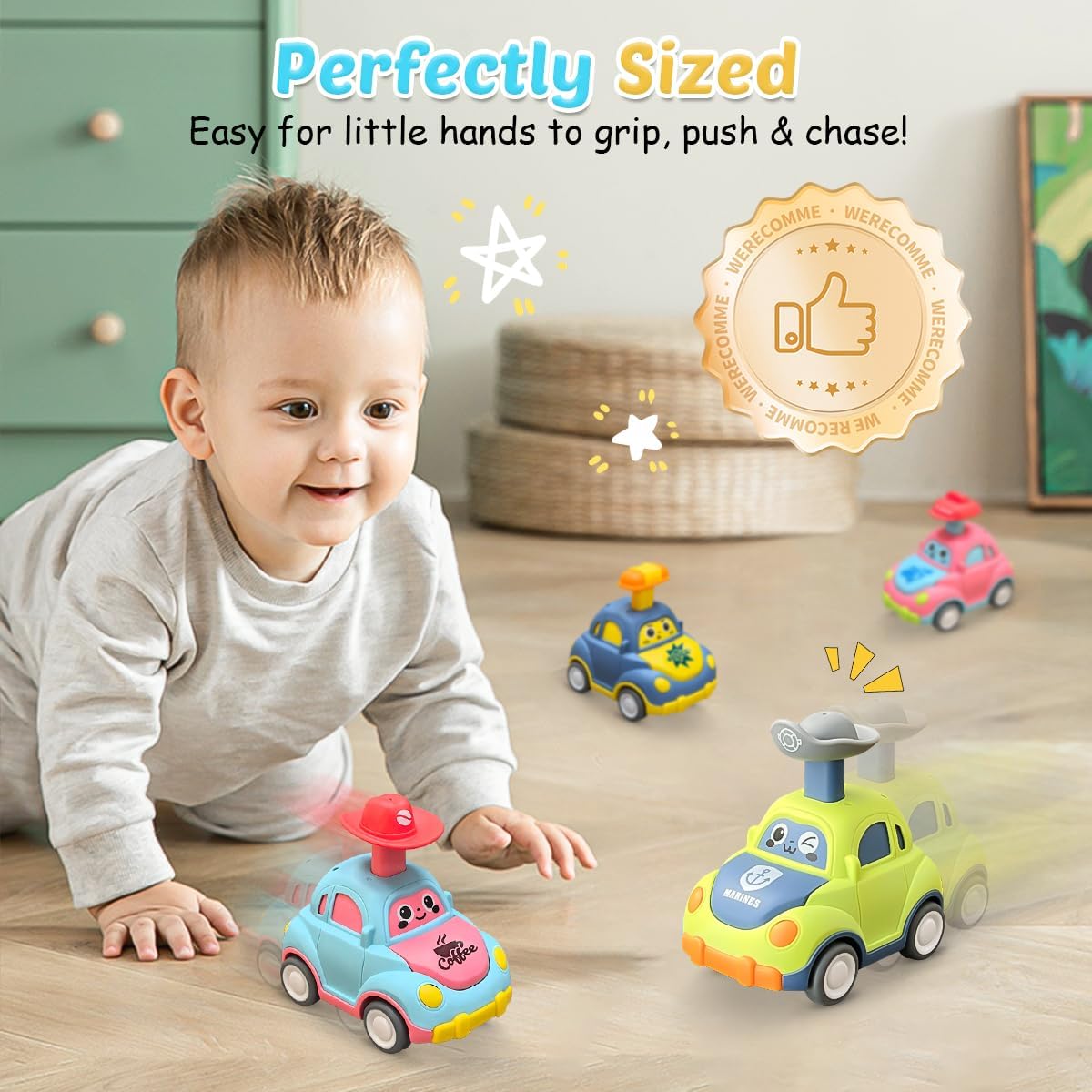 Detalle de Joyfuture Press and Go Car Toys – 4 Pack Vehicle Set for 1–3 Year Olds