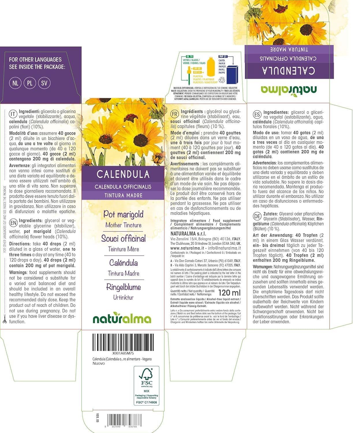 Detalle 2 de Calendula officinalis capolini (fiori) Tintura Madre analcoolica Naturalma 120 ml – Estratto liquido gocce, vegano