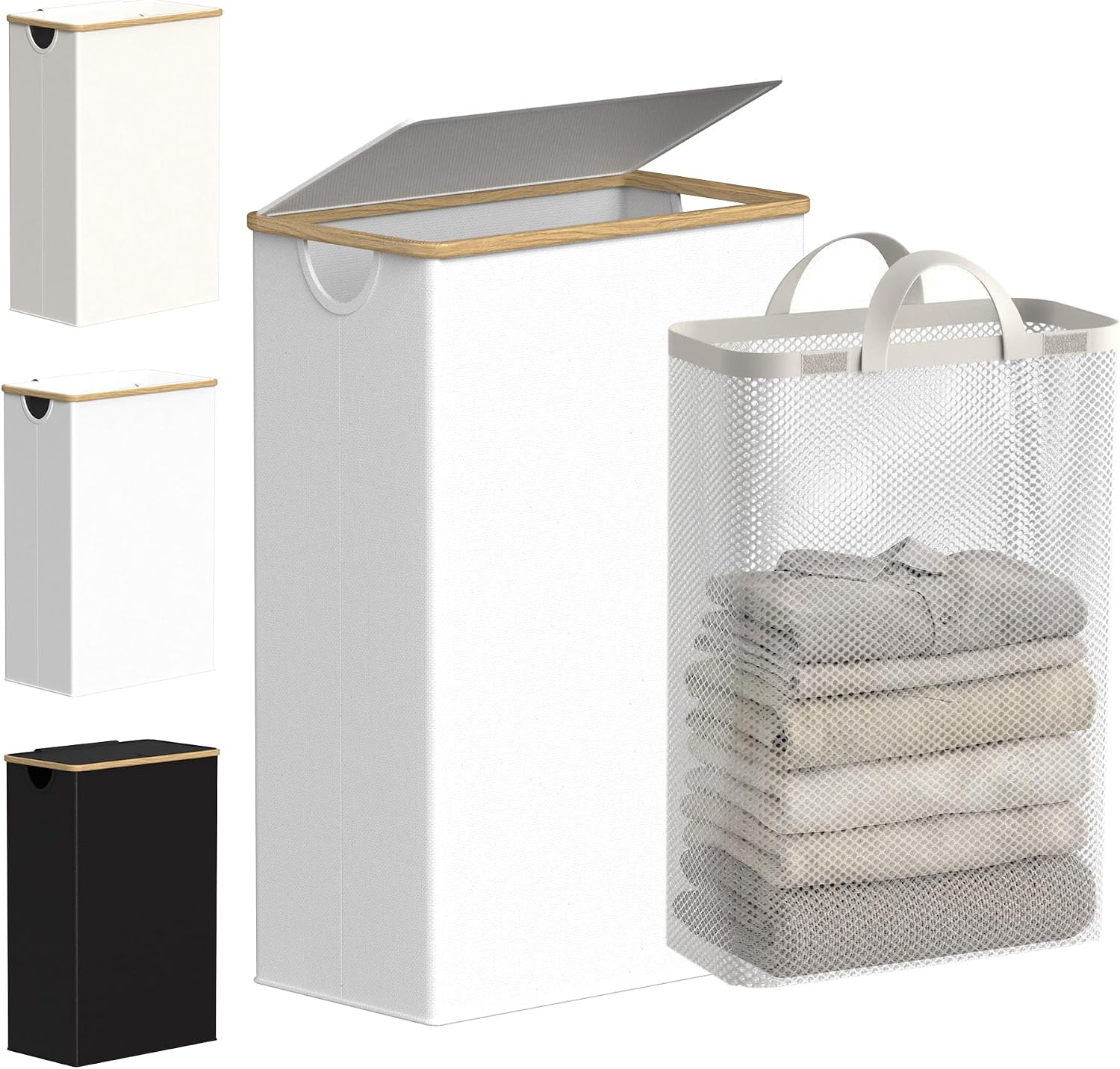 Detalle de efluky 75L Slim Laundry Hamper with Lid, Removable Bag, and Bamboo Handles
