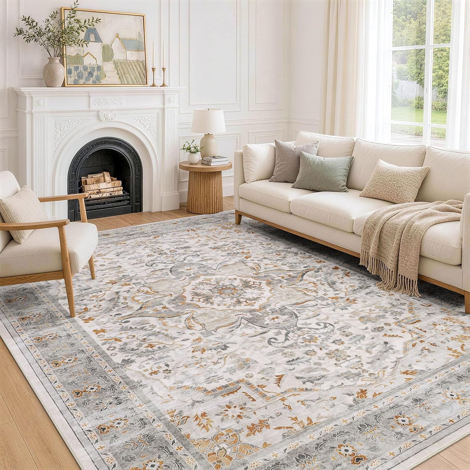 Detalle de smiry 8x10 Washable Area Rug, Taupe Floral Low-Pile Non-Slip Carpet