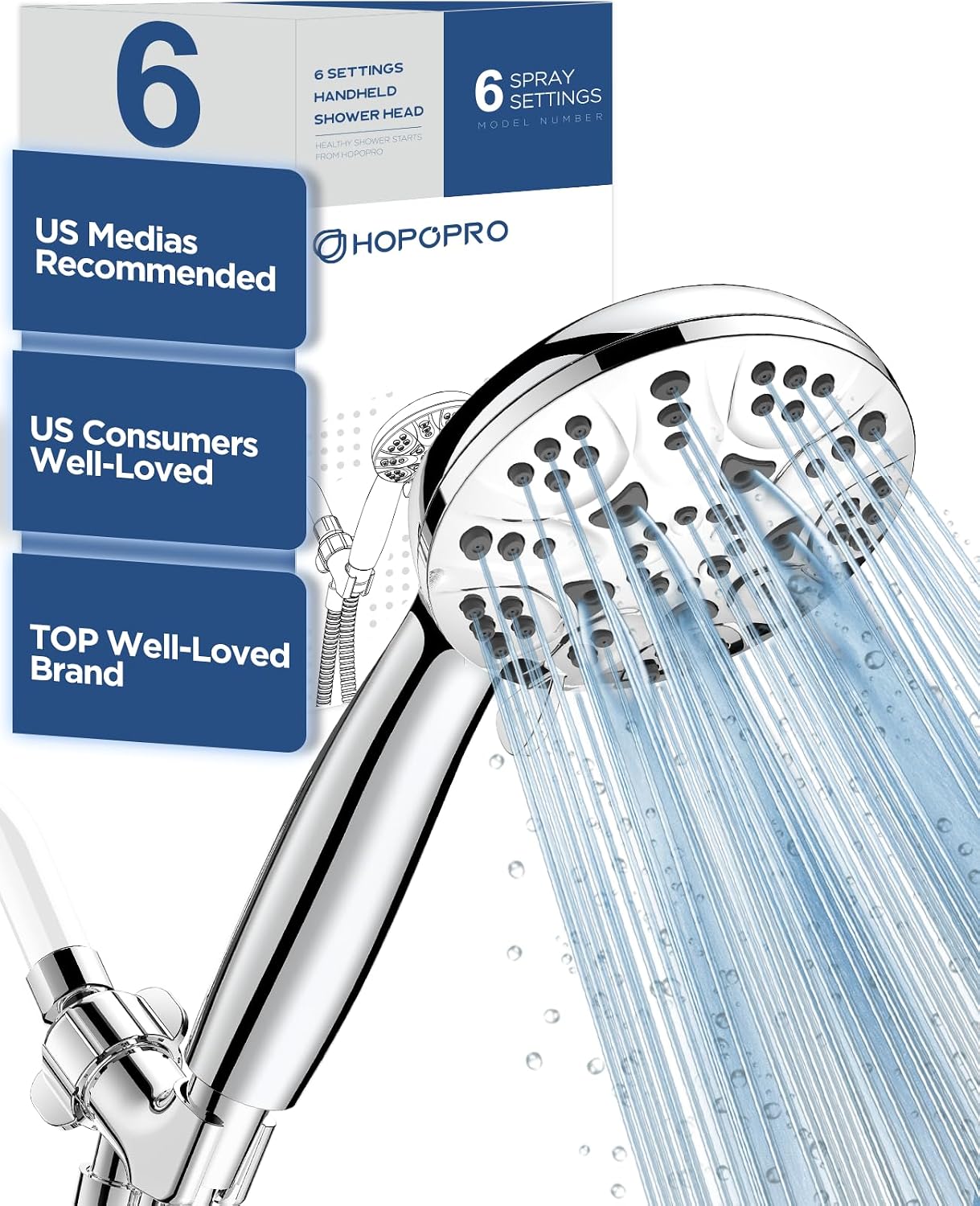 Detalle de HOPOPRO HS6700CP Handheld Showerhead Set, 6 Spray Modes, Chrome Finish