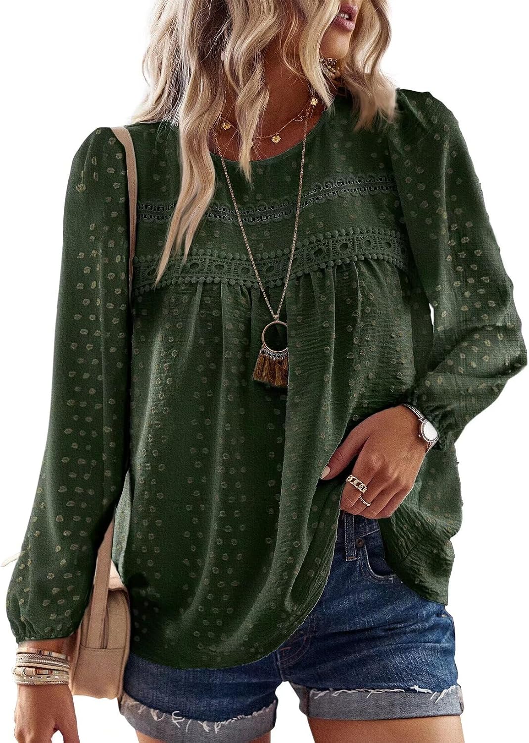 Detalle de Falechay Women's Long-Sleeve Boho Blouse with Crochet Lace and Swiss-Dot Details