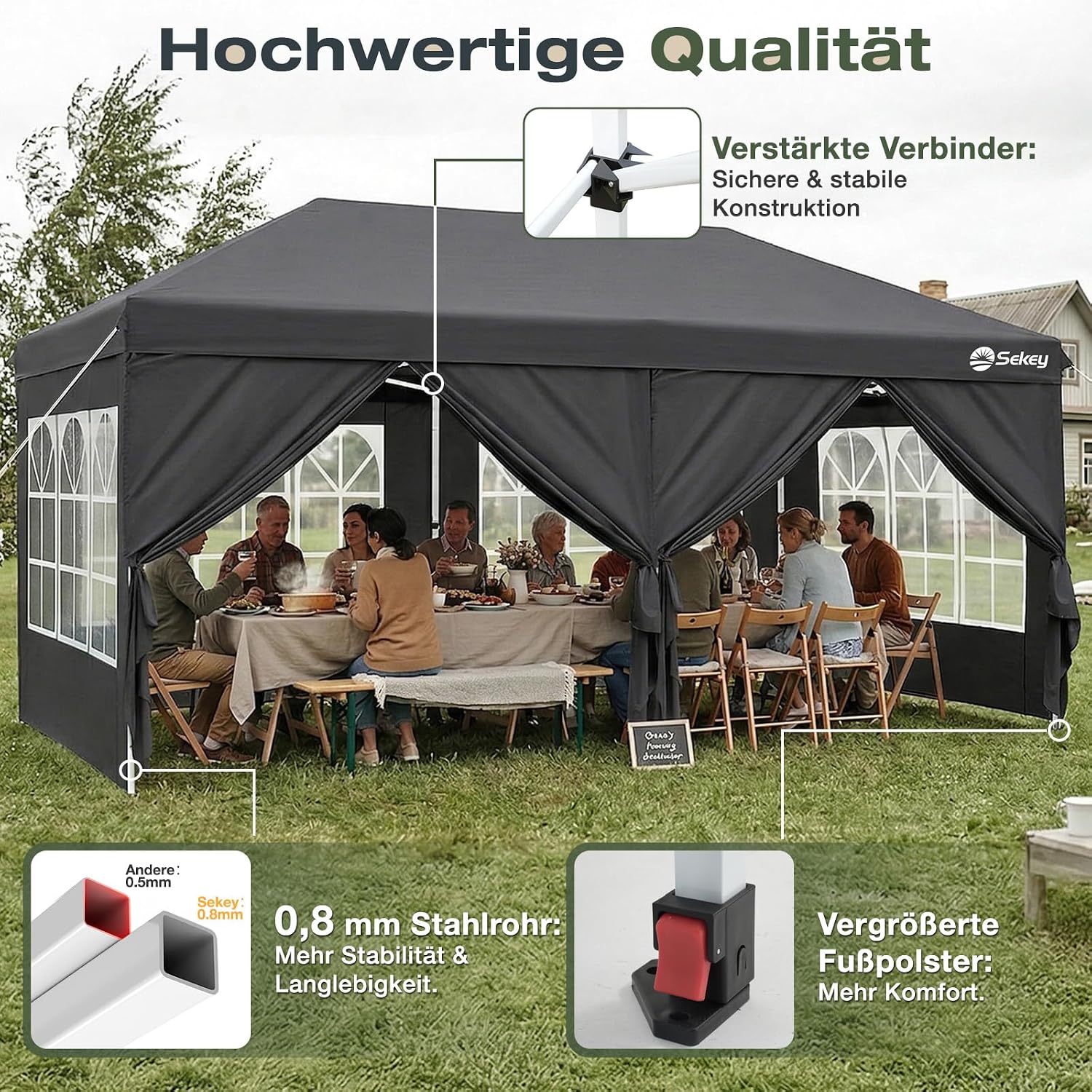 Detalle 2 de Sekey One-Touch Pop Up Pavillon 3x6m mit Seitenwänden – Wasserdicht & Windfest, inkl. Sandsäcke und Tragetasche