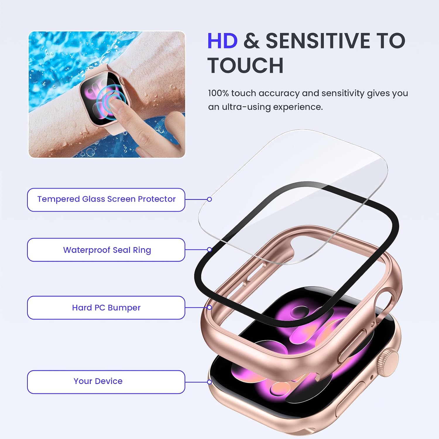 Detalle de Kamita Waterproof Case for Apple Watch 42mm (Series 11/10) with Built-in Tempered Glass Screen Protector