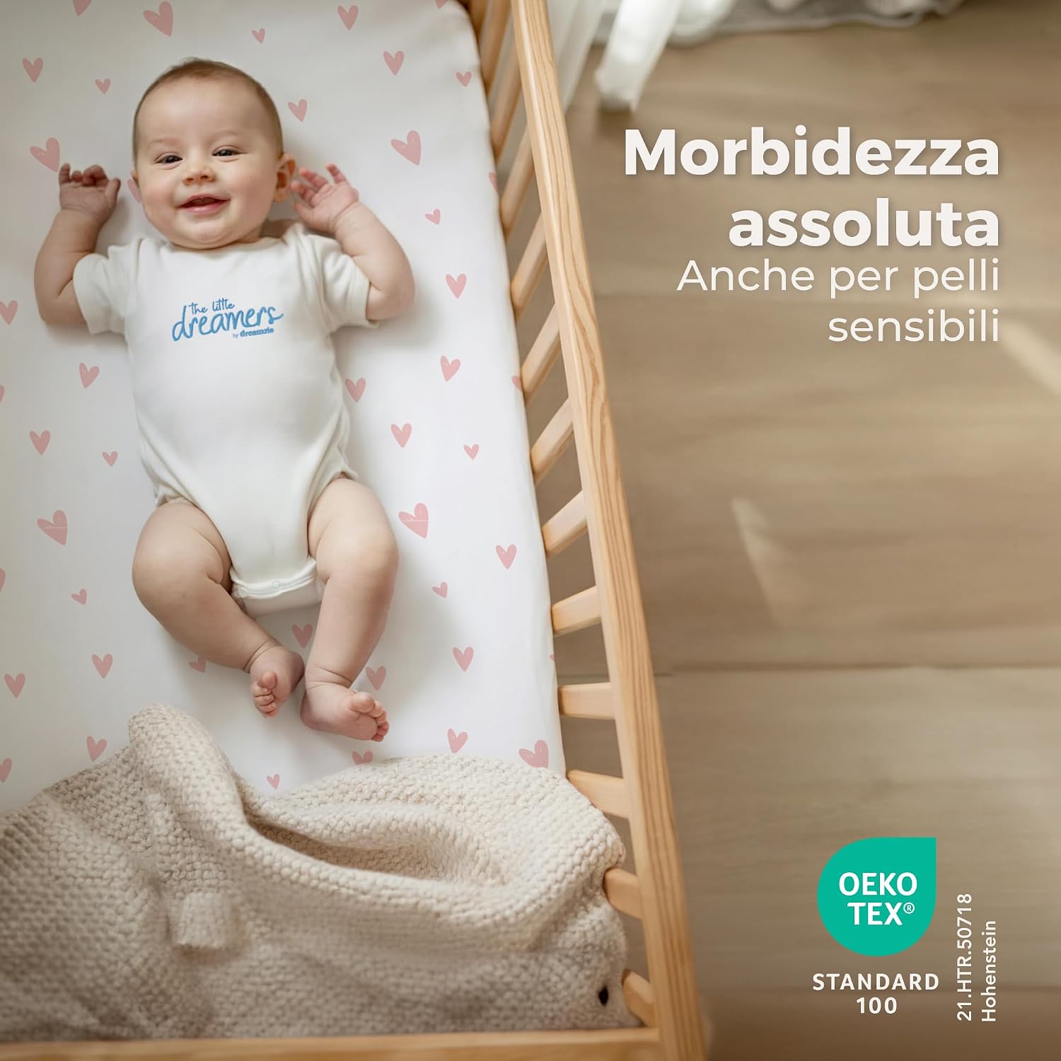 Detalle de Dreamzie set 3 pezzi per culla/neonato: 2 lenzuola in cotone + 1 coprimaterasso impermeabile 55x90 cm