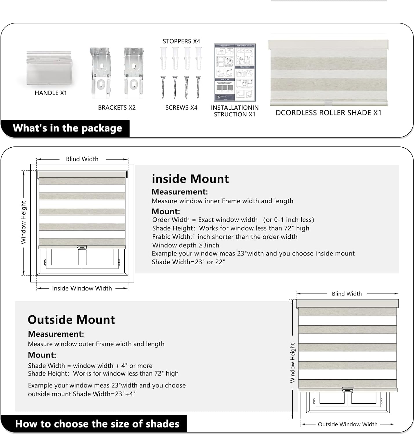 Detalle de AOSKY Cordless Zebra Blinds for Windows (30" W X 72" H) in Beige