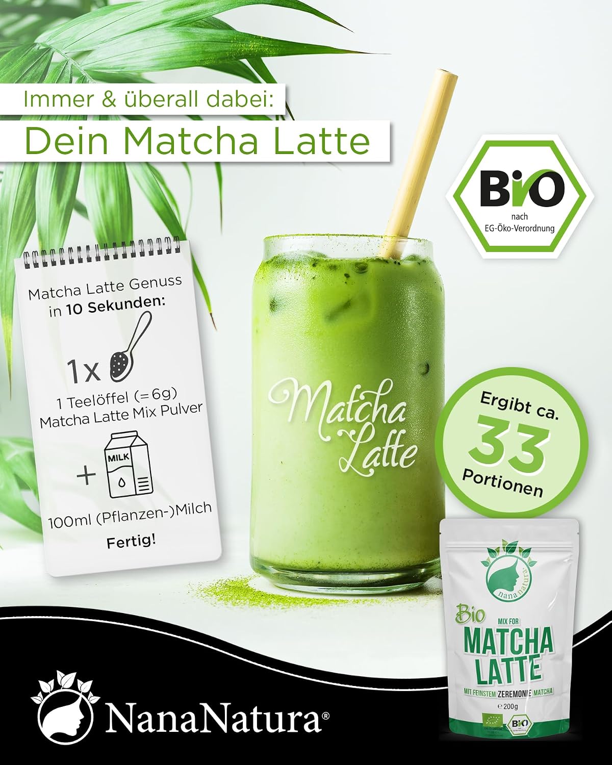 Detalle 2 de NanaNatura Bio Matcha Latte Mix 22% Matcha