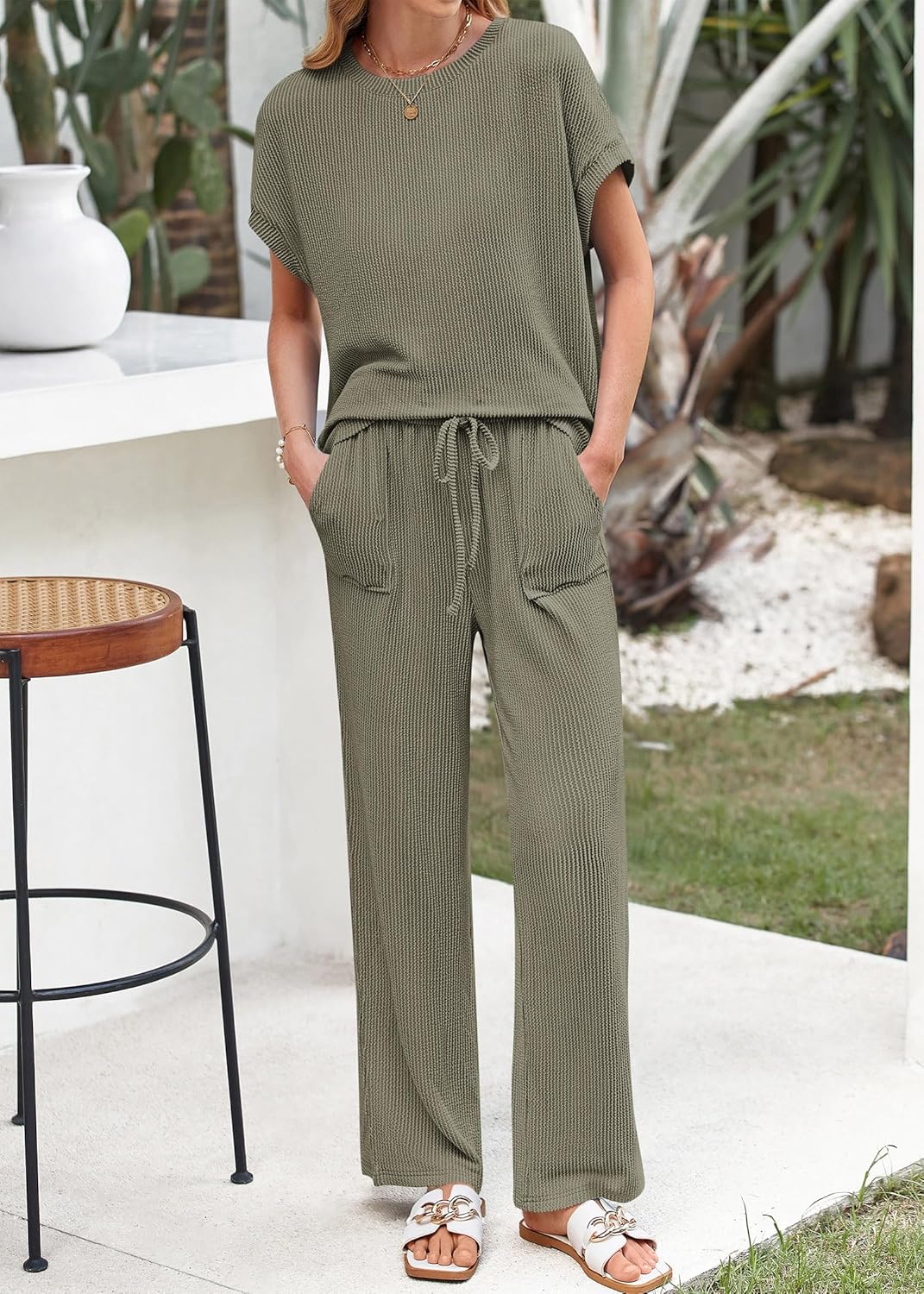 Thumbnail 6 de KIRUNDO 2 Piece Sets for Women Dressy Casual Ribbed Knit Short Sleeve Tops Wide Leg Pants Lounge Set