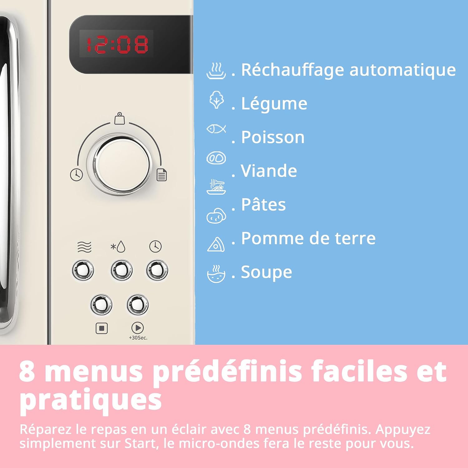 Thumbnail 4 de COMFEE' Micro-ondes rétro CMSRO 20L – 800 W, 8 menus prédéfinis, Crème d'abricot