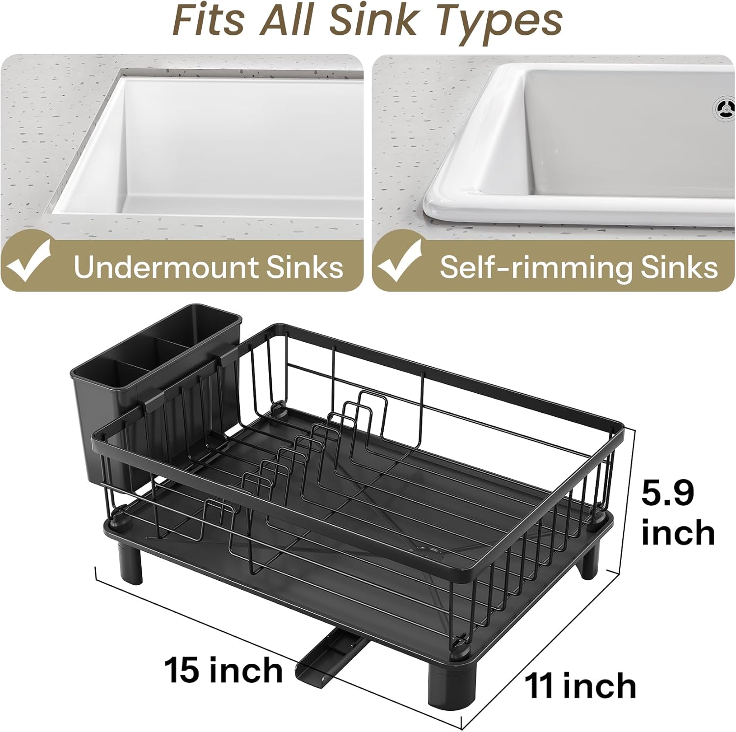 Detalle de Dish Drying Rack Small with Drainboard, Utensil Holder & Stainless Steel Frame (Black) – Compact Countertop Drainer