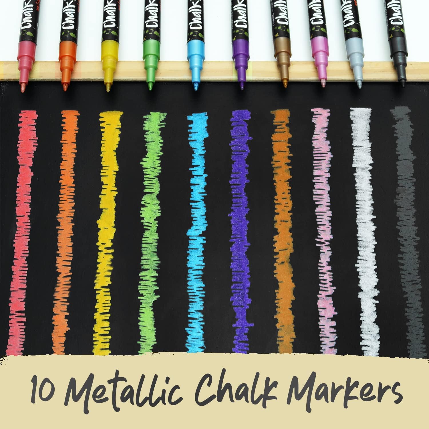 Detalle de Extra Fine Tip Metallic Chalk Pens (10 Pack, 1mm) – Liquid Wet Wipe Markers for Blackboards, Windows & Menus