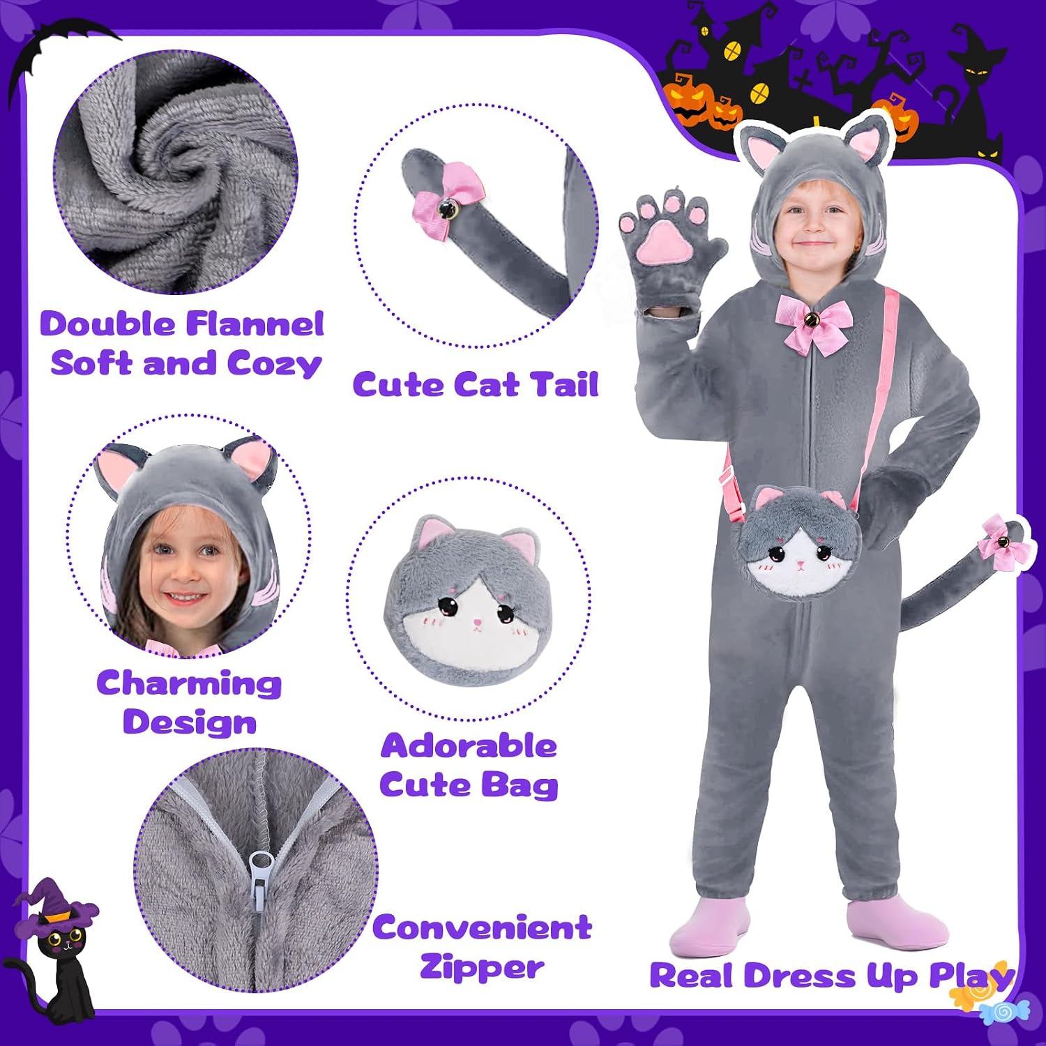 Detalle de Gifts2U Halloween Cat Costume for Girls, 5–6 Years, Flannel Onesie & Bag