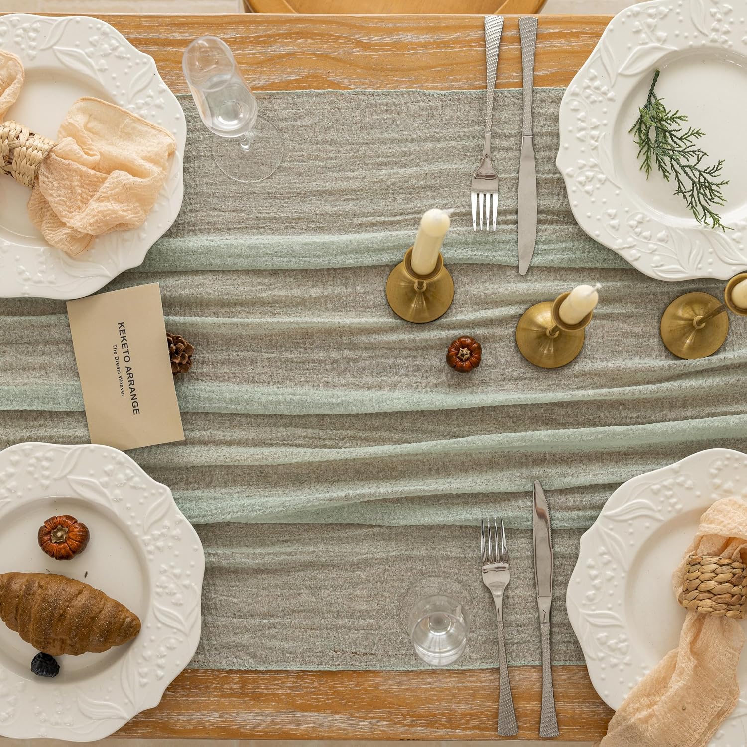 Detalle de Keketoarrange 6pcs Sage Green Cheesecloth Table Runners, 35 x 120 inches each