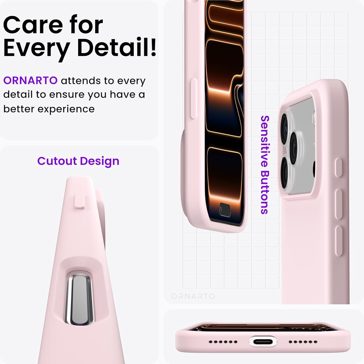 Thumbnail 4 de ORNARTO Liquid Silicone Case for iPhone 17 Pro Max (6.9) — Slim 3-Layer, Chalk Pink