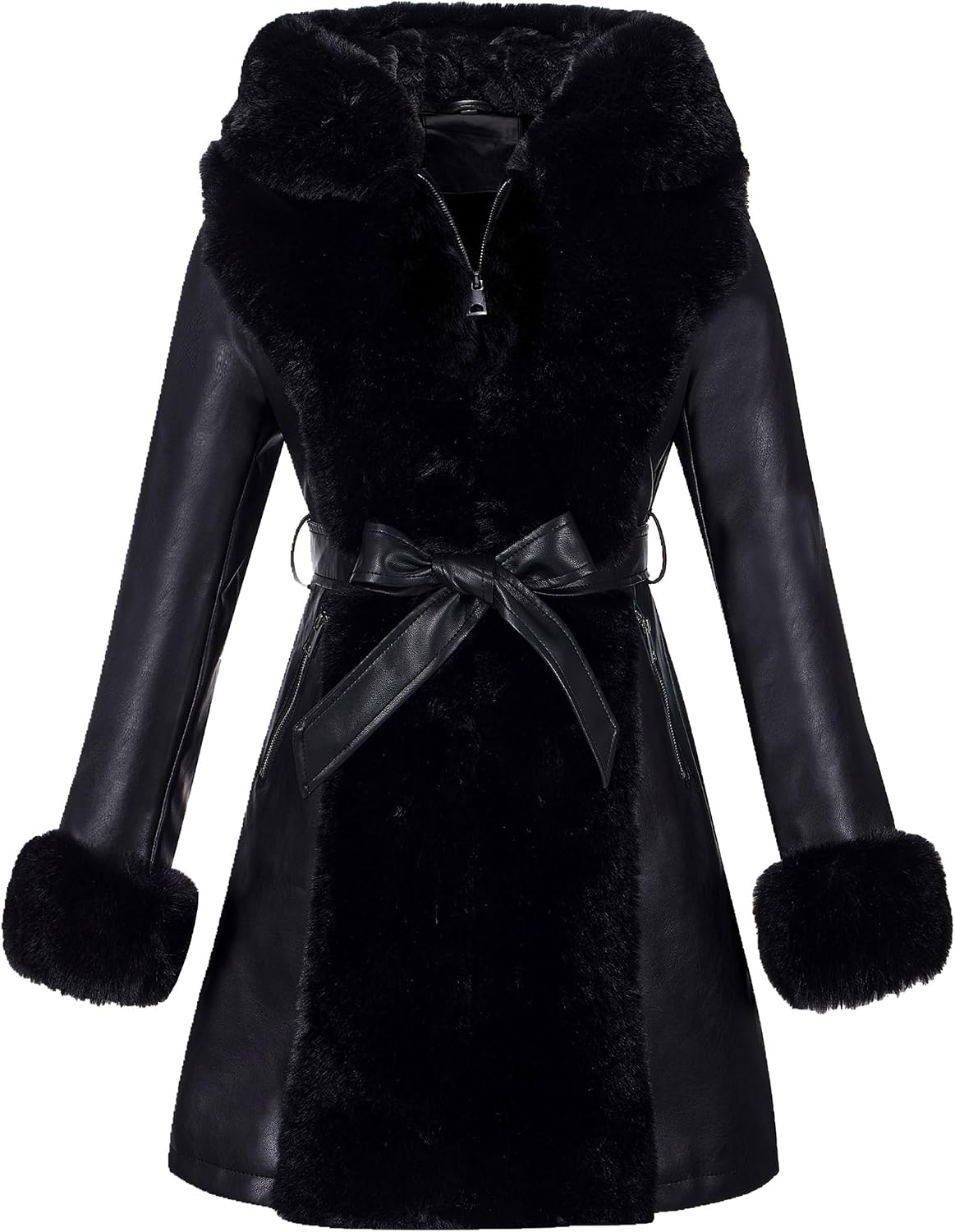Detalle 2 de RISISSIDA Women's Fur-Lined Faux Leather Winter Coat with Hood and Belt