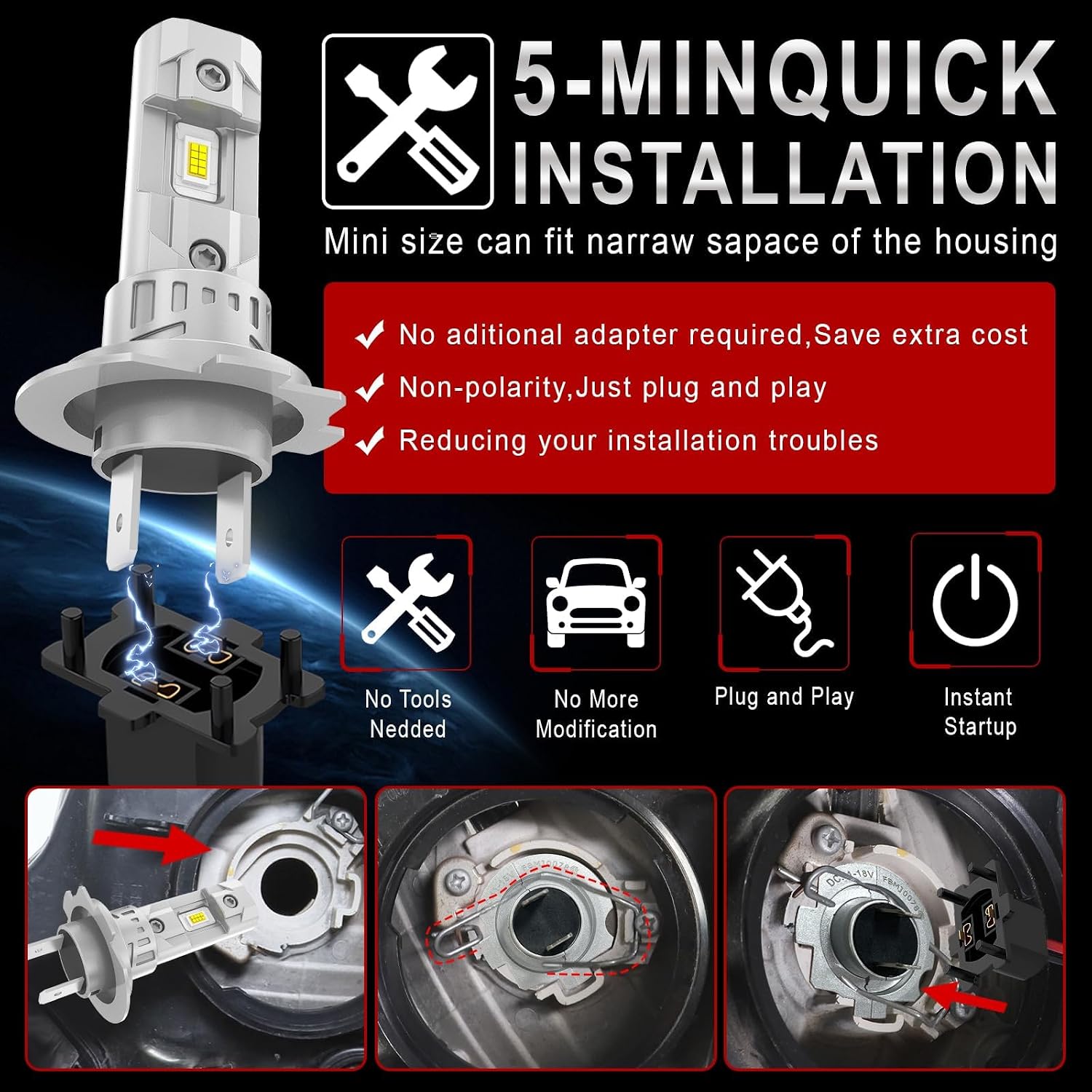 Detalle 2 de Kit conversion LED H7 20000 lm (80 W) 6500 K – 2 ampoules, faisceau réglable à 360°