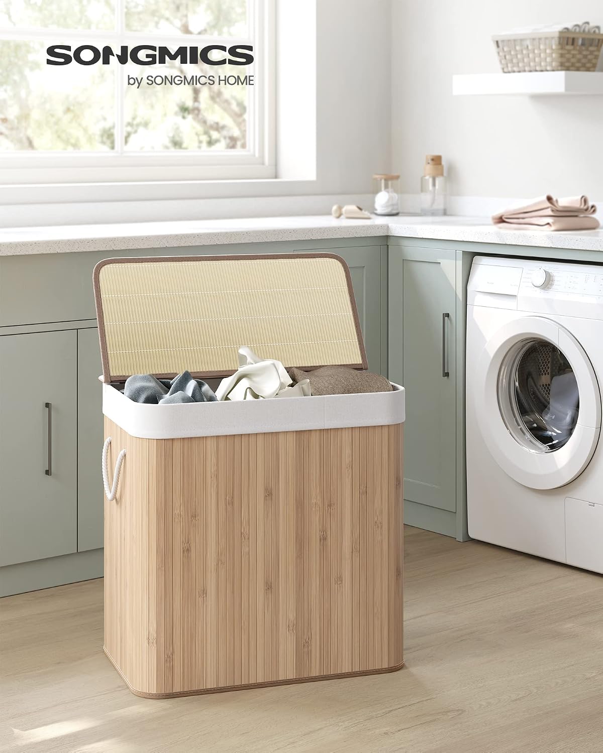 Detalle de SONGMICS RONEX Collection LCB091N01 wasmand 150 liter met 3 vakken en bamboe