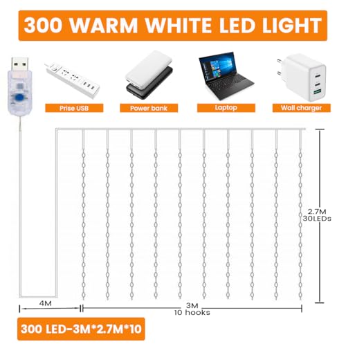 Detalle 2 de JTSIOV cortina de luces LED 3 × 2,7 m, 300 luces y 8 modos