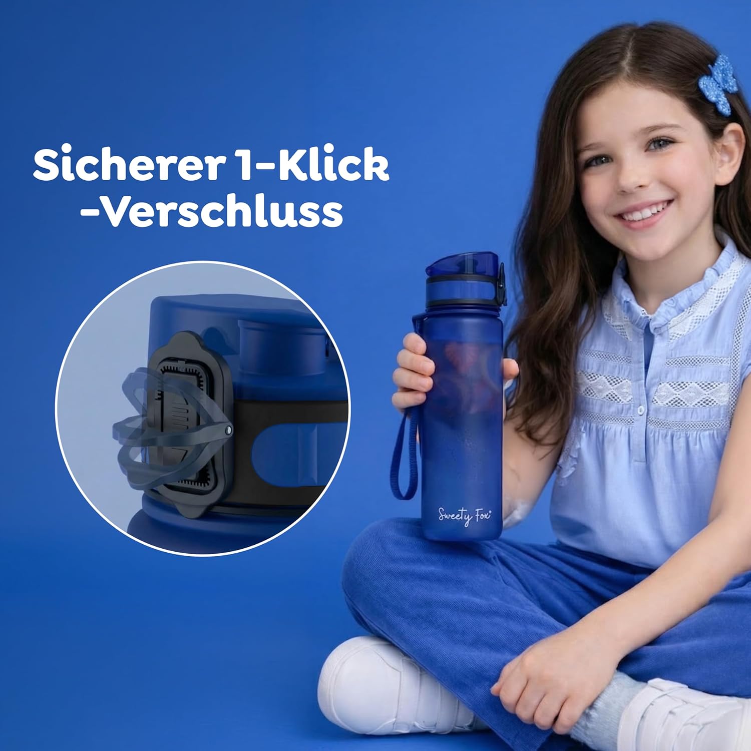 Thumbnail 3 de Sweety Fox Kinder-Trinkflasche mit One-Click-Verschluss, 500 ml, kohlensäuregeeignet – auslaufsicher & spülmaschinenfest (blau)
