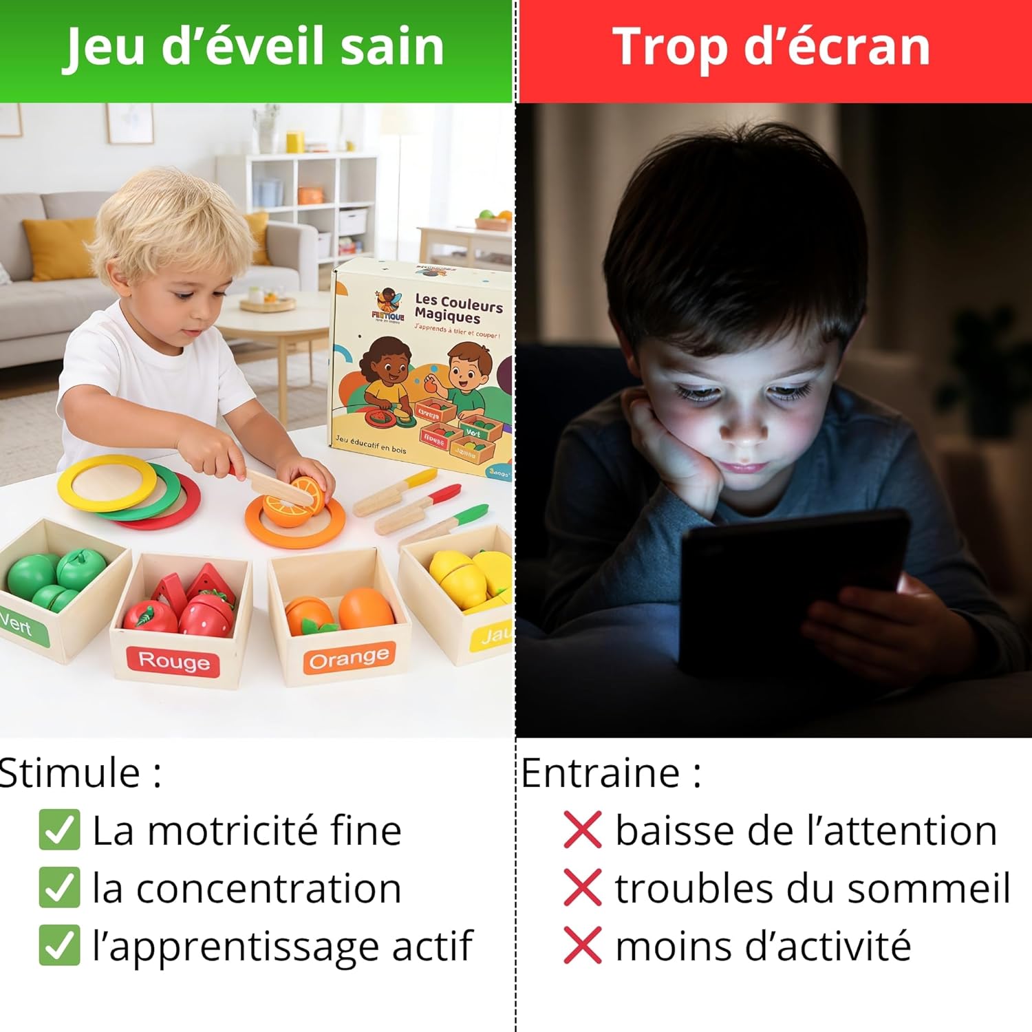 Detalle de Feetique Jeu Montessori en bois fruits à découper (2 à 7 ans) – Dinette enfant avec 24 pièces pour apprendre les couleurs